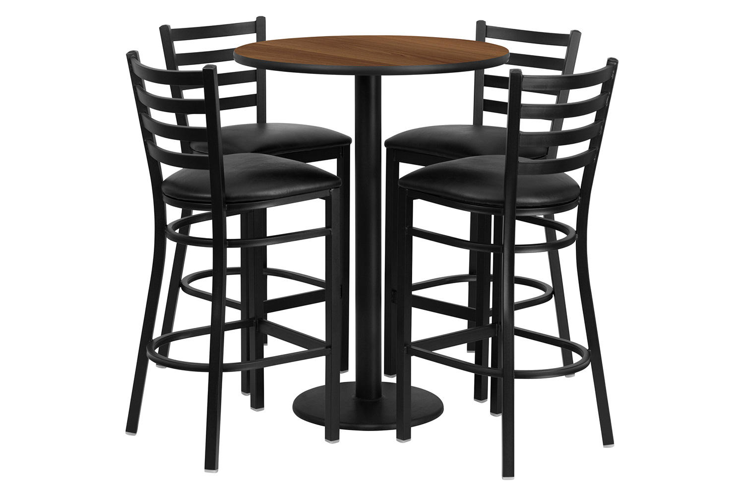 BLNK Jamie Round Laminate Table Set with Round Base and 4 Ladder Back Metal Bar Stools with Black Vinyl Seat