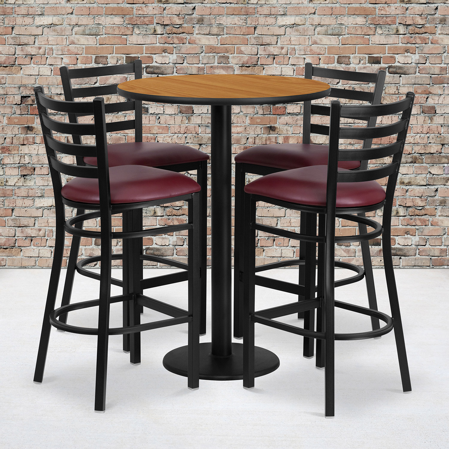 BLNK Jamie Round Laminate Table Set with Round Base and 4 Ladder Back Metal Bar Stools with Burgundy Vinyl Seat