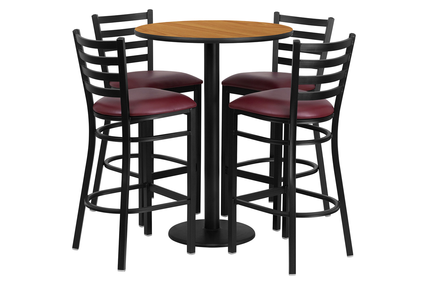 BLNK Jamie Round Laminate Table Set with Round Base and 4 Ladder Back Metal Bar Stools with Burgundy Vinyl Seat - Natural