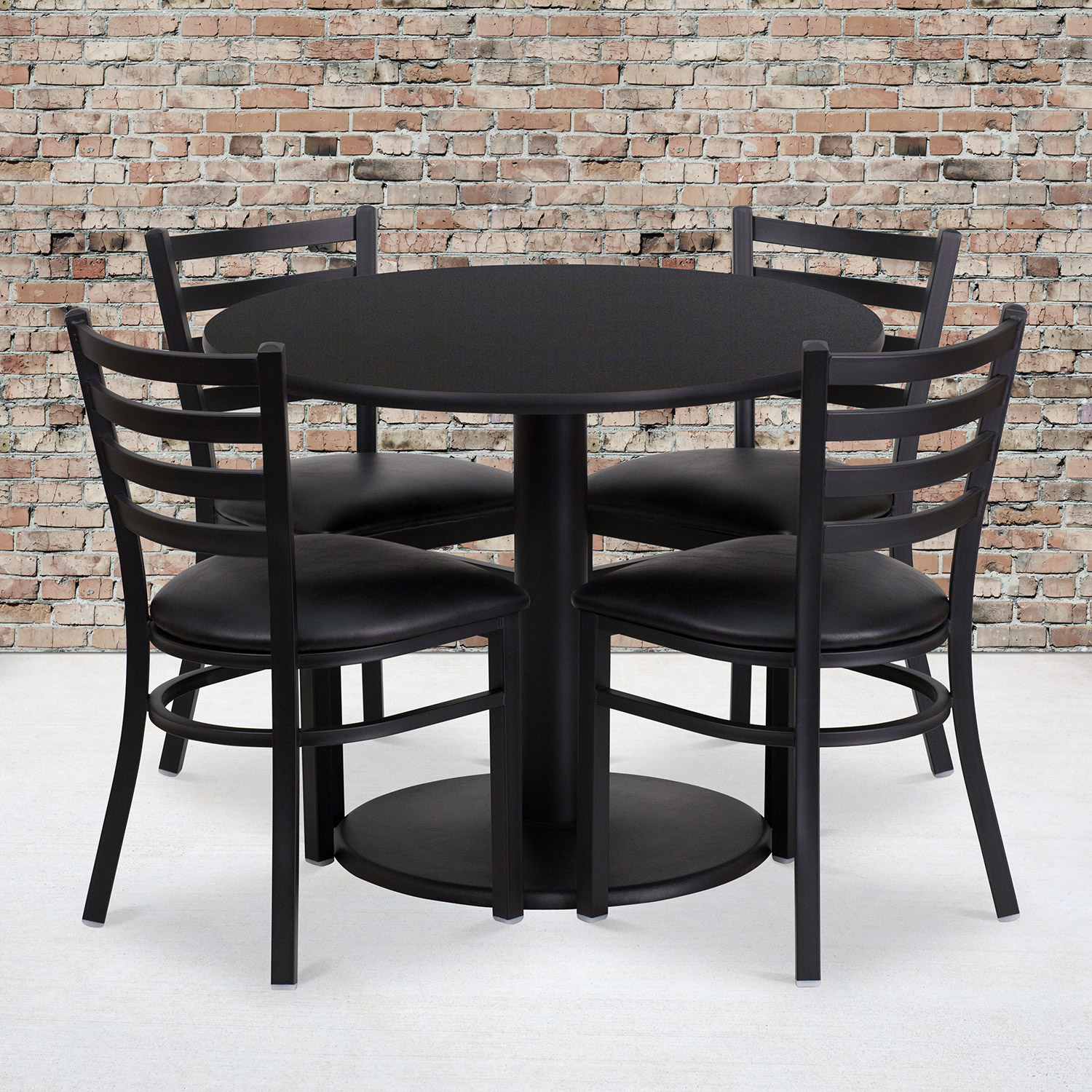 BLNK Jamie Round Black Laminate Table Set with Round Base and 4 Ladder Back Metal Chairs with Vinyl Seat