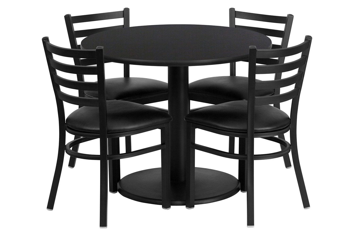 BLNK Jamie Round Black Laminate Table Set with Round Base and 4 Ladder Back Metal Chairs with Vinyl Seat - Black