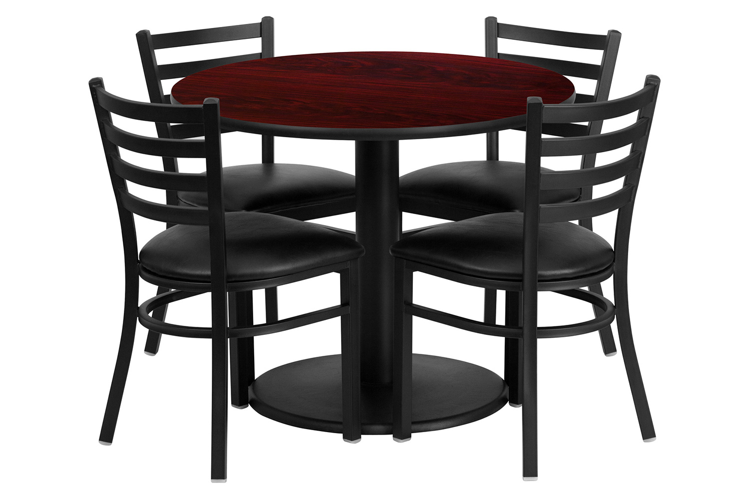 BLNK Jamie Round Mahogany Laminate Table Set with Round Base and 4 Ladder Back Metal Chairs with Vinyl Seat