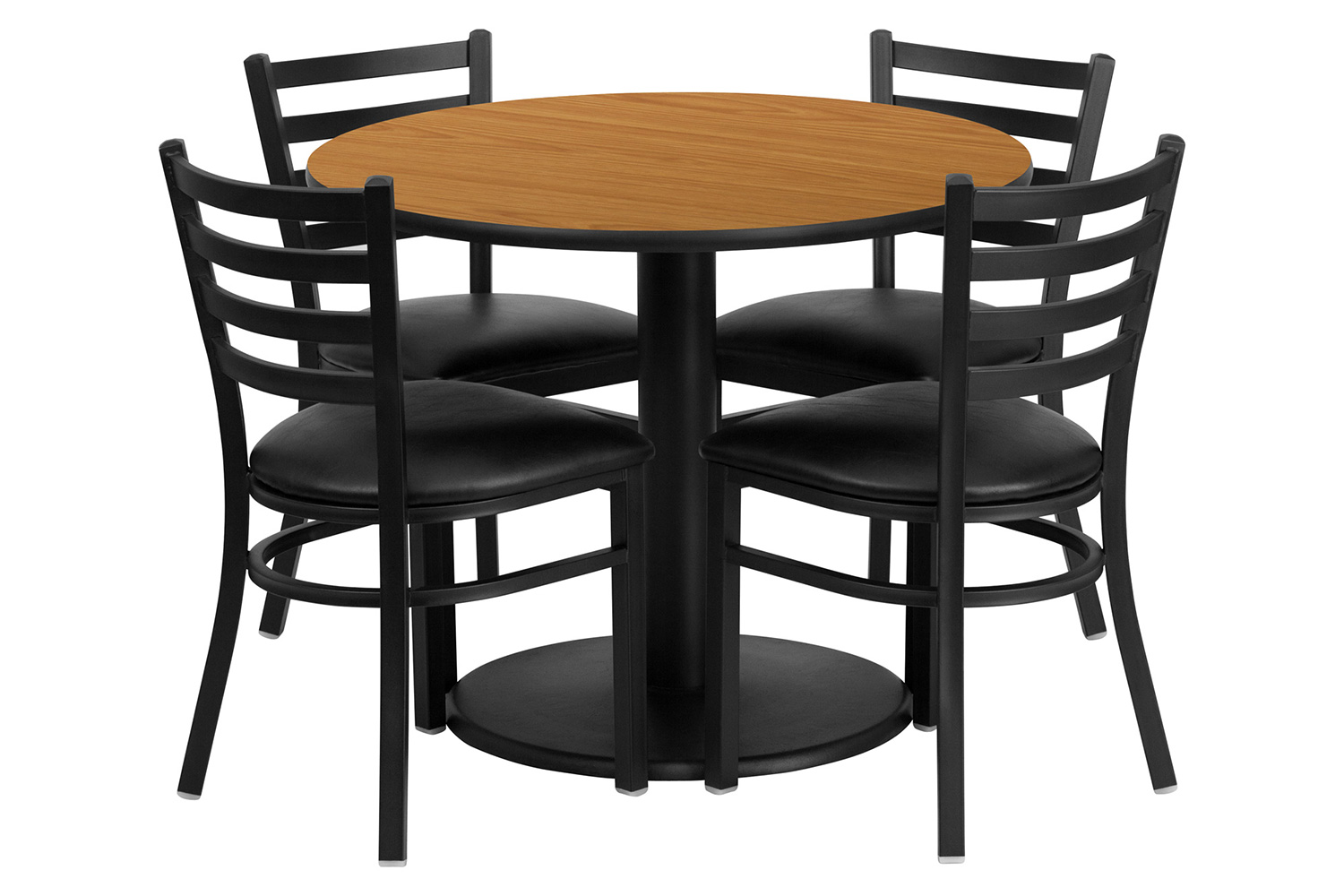 BLNK Jamie Round Natural Laminate Table Set with Round Base and 4 Ladder Back Metal Chairs with Vinyl Seat