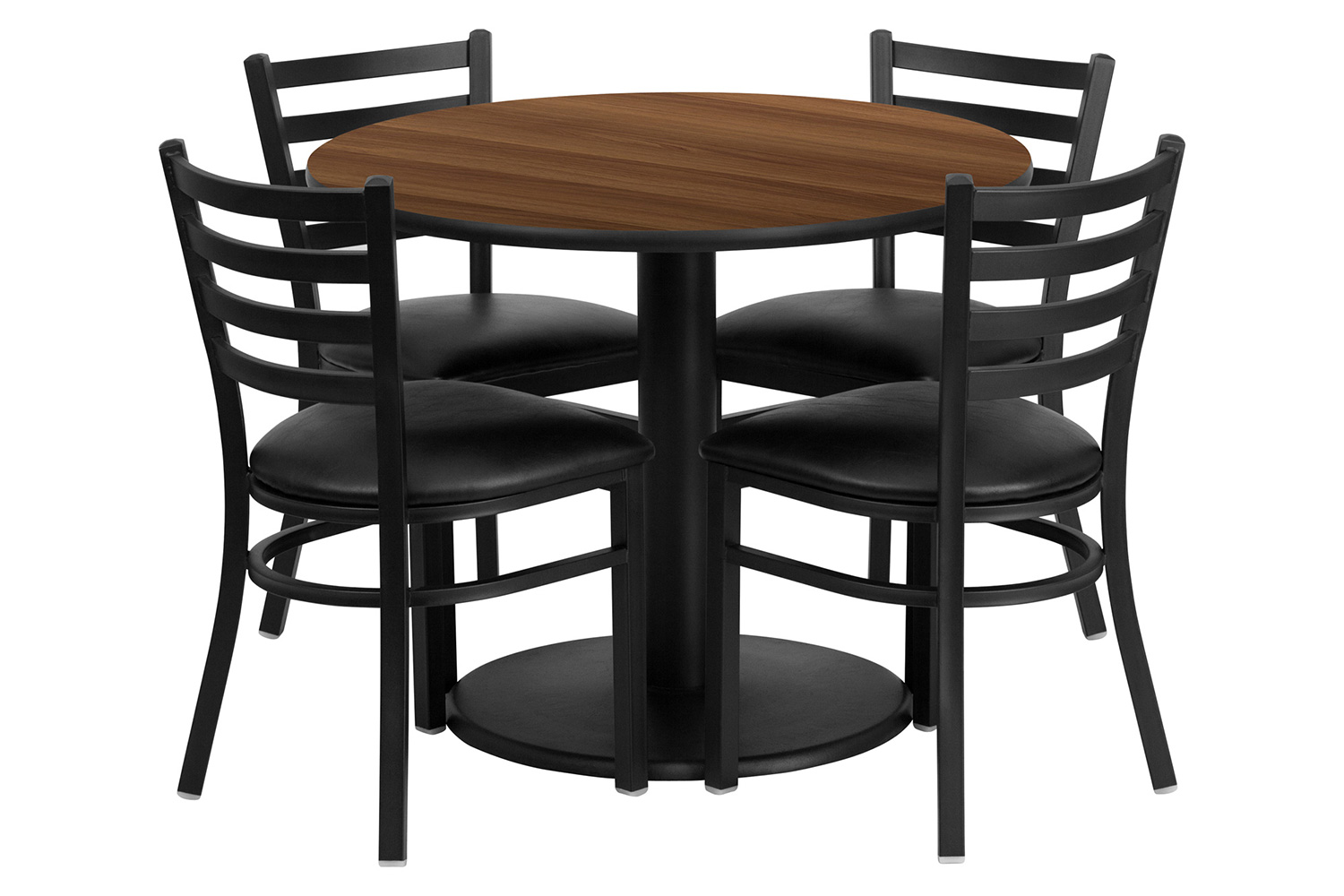 BLNK Jamie Round Walnut Laminate Table Set with Round Base and 4 Ladder Back Metal Chairs with Vinyl Seat