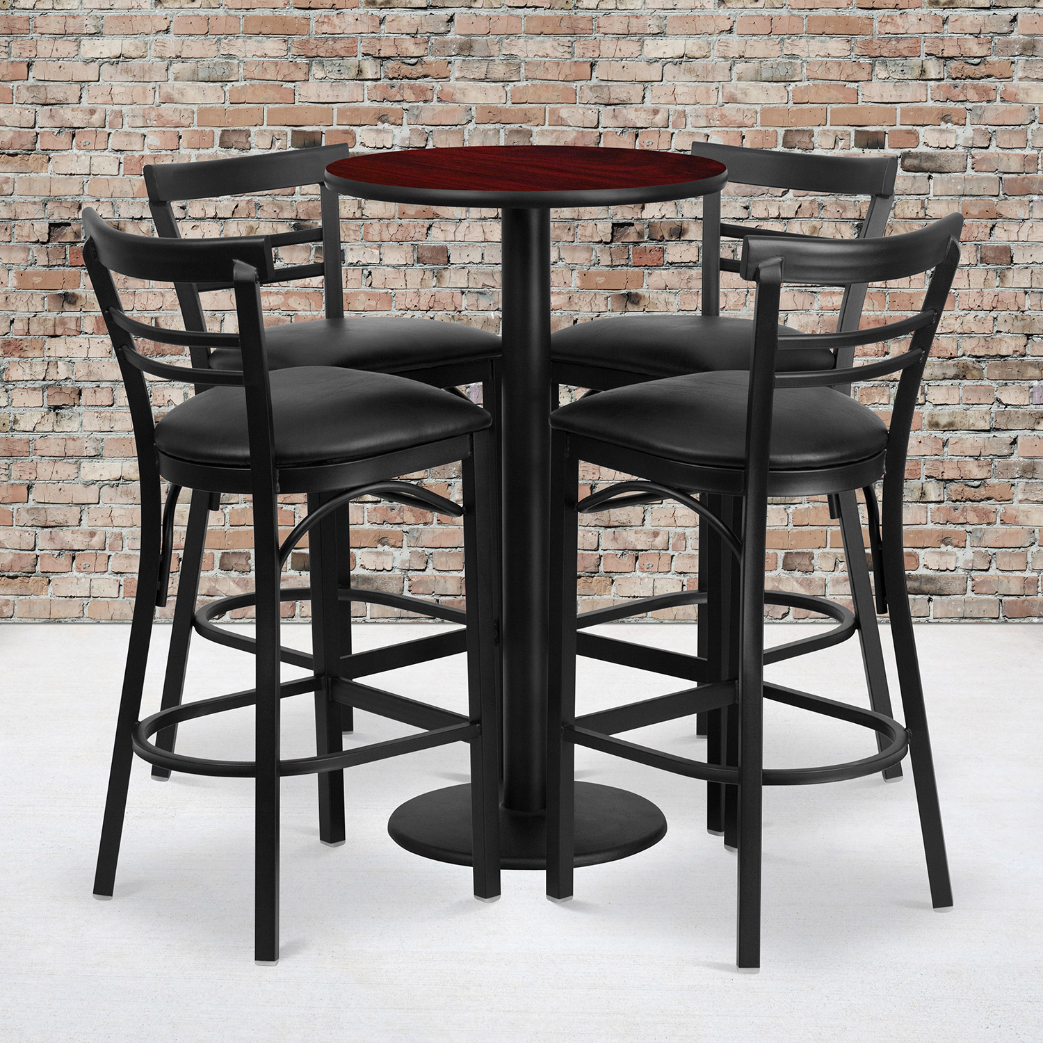 BLNK Jamie Round Laminate Table Set with Round Base and 4 Two-Slat Ladder Back Metal Bar Stools with Black Vinyl Seat - Mahogany