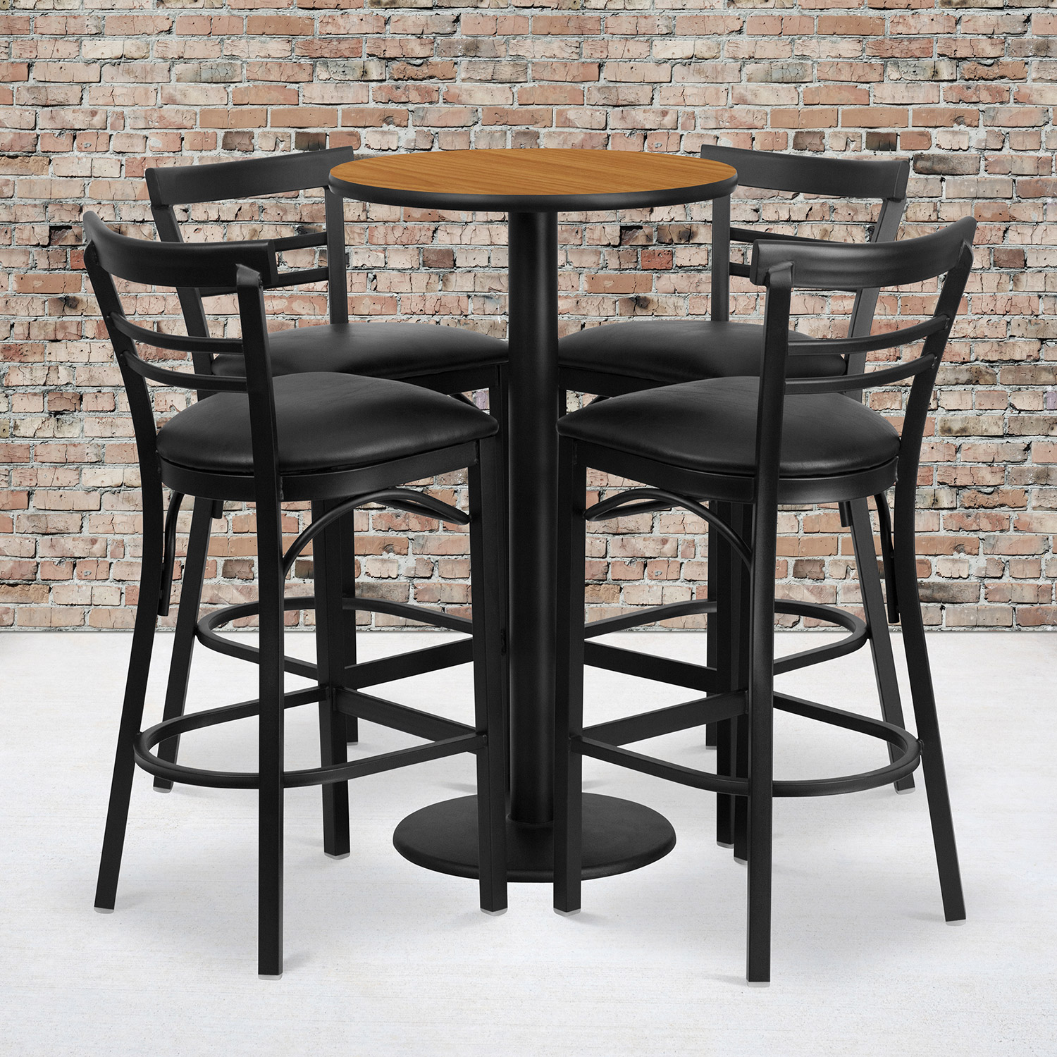 BLNK Jamie Round Laminate Table Set with Round Base and 4 Two-Slat Ladder Back Metal Bar Stools with Black Vinyl Seat