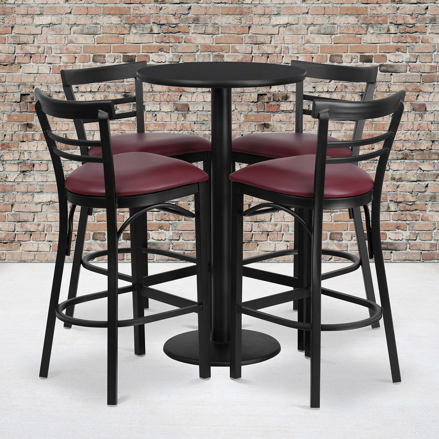 BLNK Jamie Round Laminate Table Set with Round Base and 4 Two-Slat Ladder Back Metal Bar Stools with Burgundy Vinyl Seat