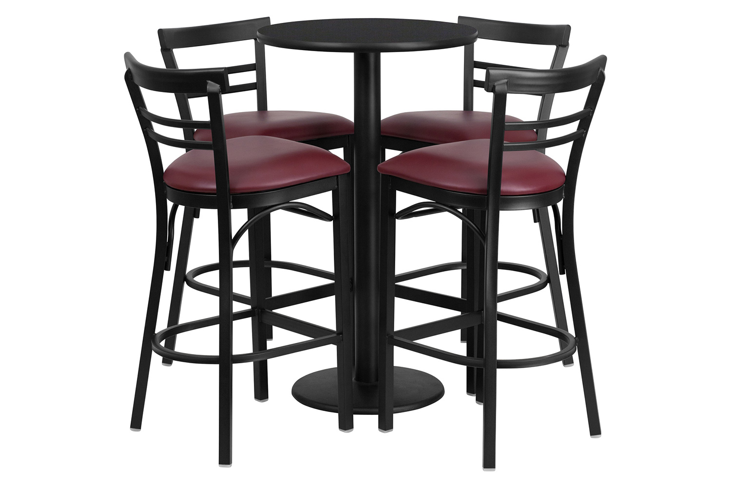 BLNK™ Jamie Round Laminate Table Set with Round Base and 4 Two-Slat Ladder Back Metal Bar Stools with Burgundy Vinyl Seat - Black