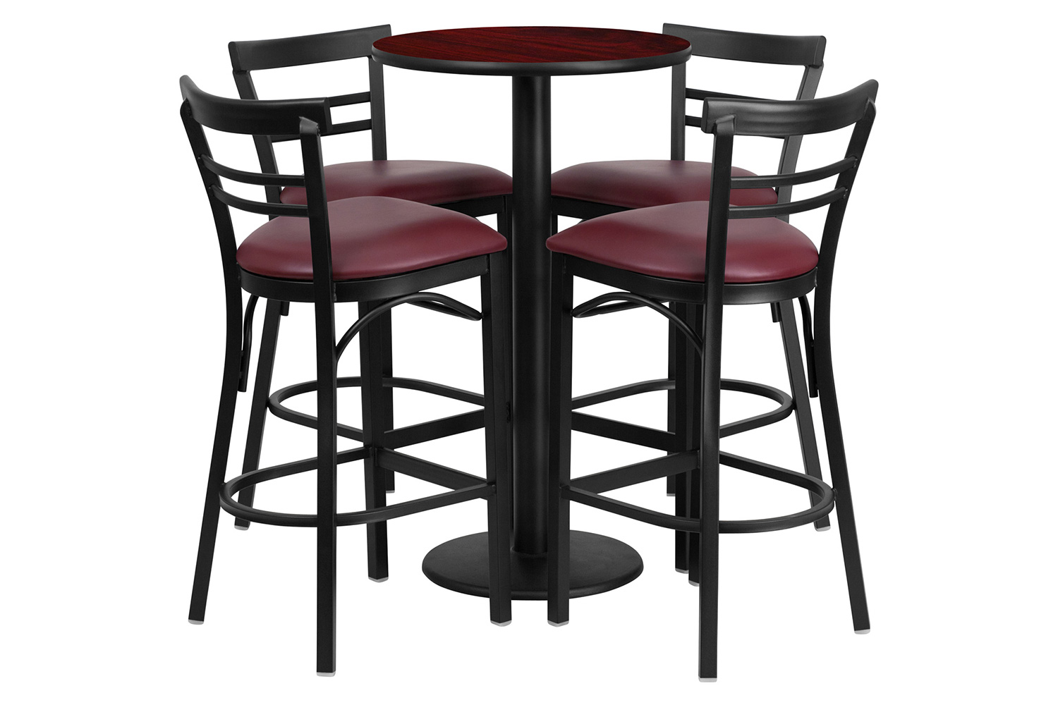 BLNK™ Jamie Round Laminate Table Set with Round Base and 4 Two-Slat Ladder Back Metal Bar Stools with Burgundy Vinyl Seat - Mahogany