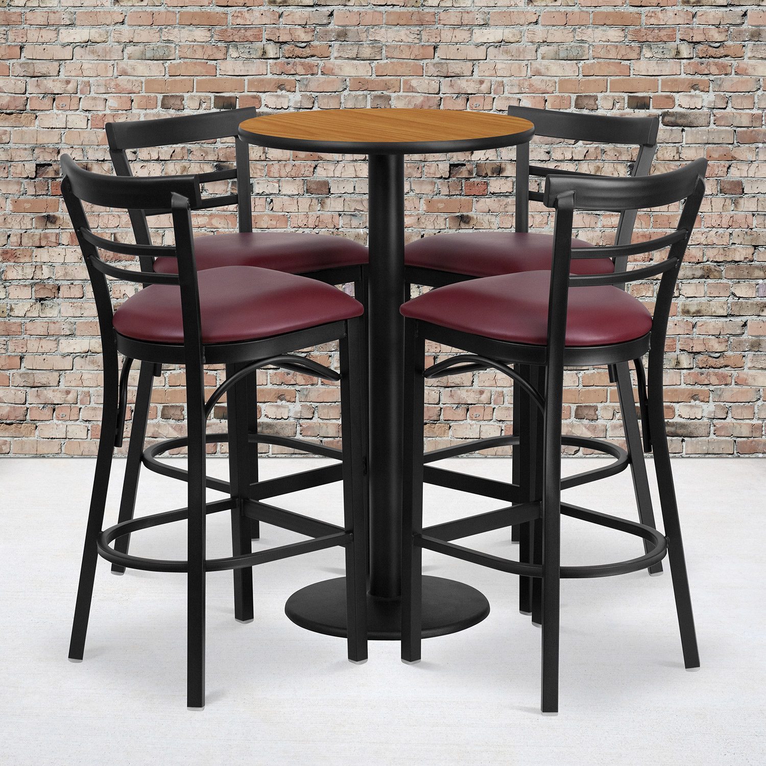 BLNK Jamie Round Laminate Table Set with Round Base and 4 Two-Slat Ladder Back Metal Bar Stools with Burgundy Vinyl Seat