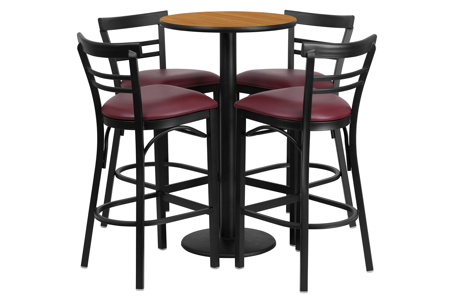 BLNK™ Jamie Round Laminate Table Set with Round Base and 4 Two-Slat Ladder Back Metal Bar Stools with Burgundy Vinyl Seat - Natural