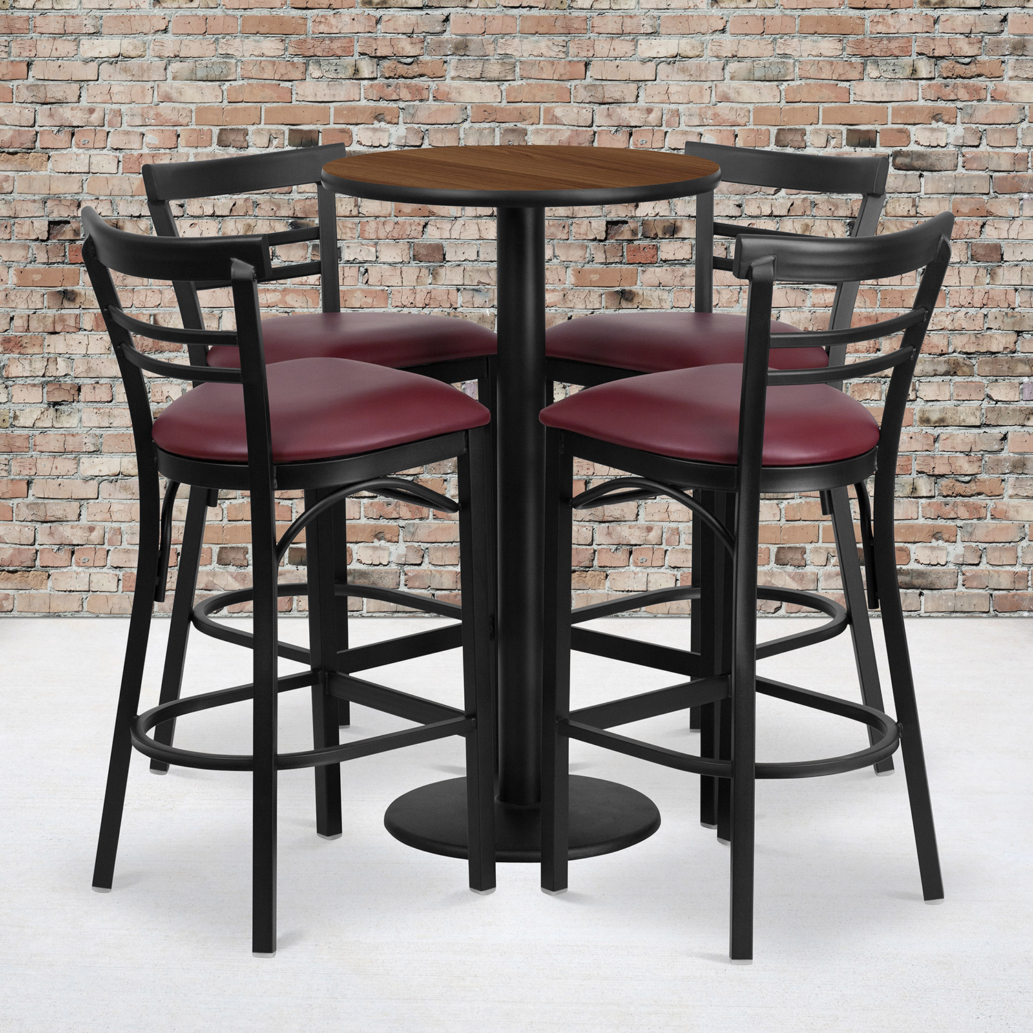 BLNK Jamie Round Laminate Table Set with Round Base and 4 Two-Slat Ladder Back Metal Bar Stools with Burgundy Vinyl Seat