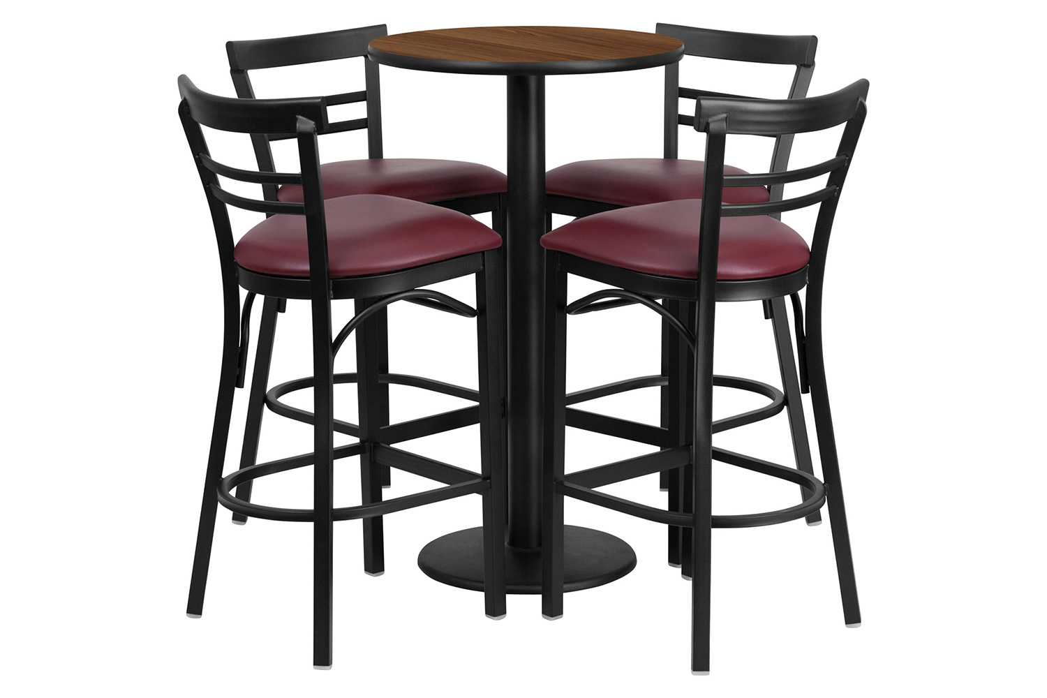 BLNK Jamie Round Laminate Table Set with Round Base and 4 Two-Slat Ladder Back Metal Bar Stools with Burgundy Vinyl Seat - Walnut