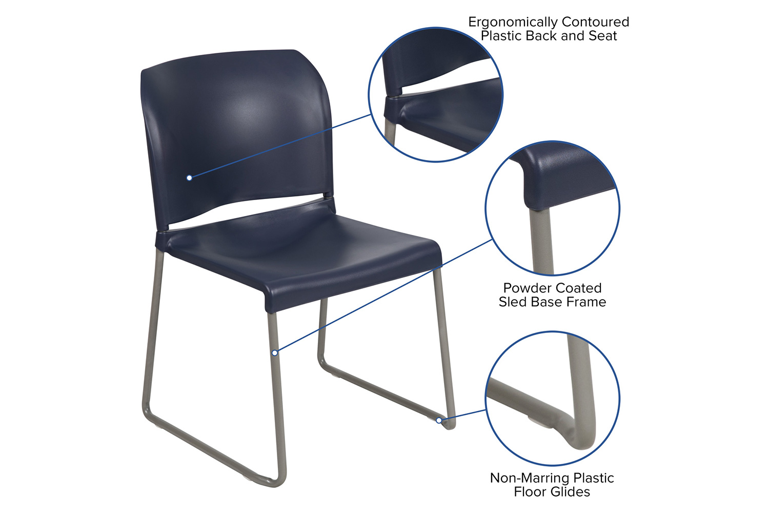 BLNK HERCULES Series Full Back Contoured Stack Chair with Gray Powder Coated Sled Base - Navy