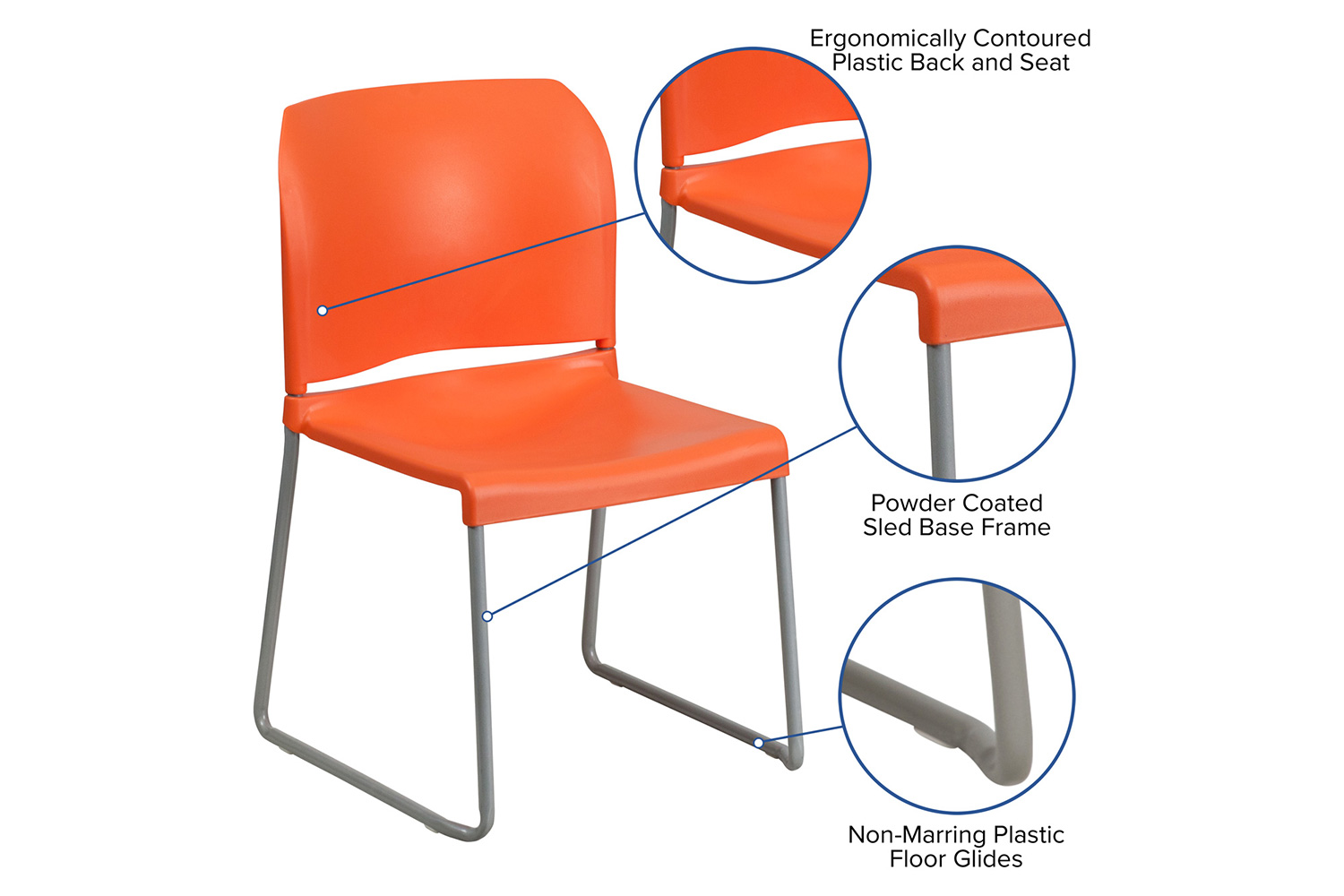 BLNK HERCULES Series Full Back Contoured Stack Chair with Gray Powder Coated Sled Base - Orange