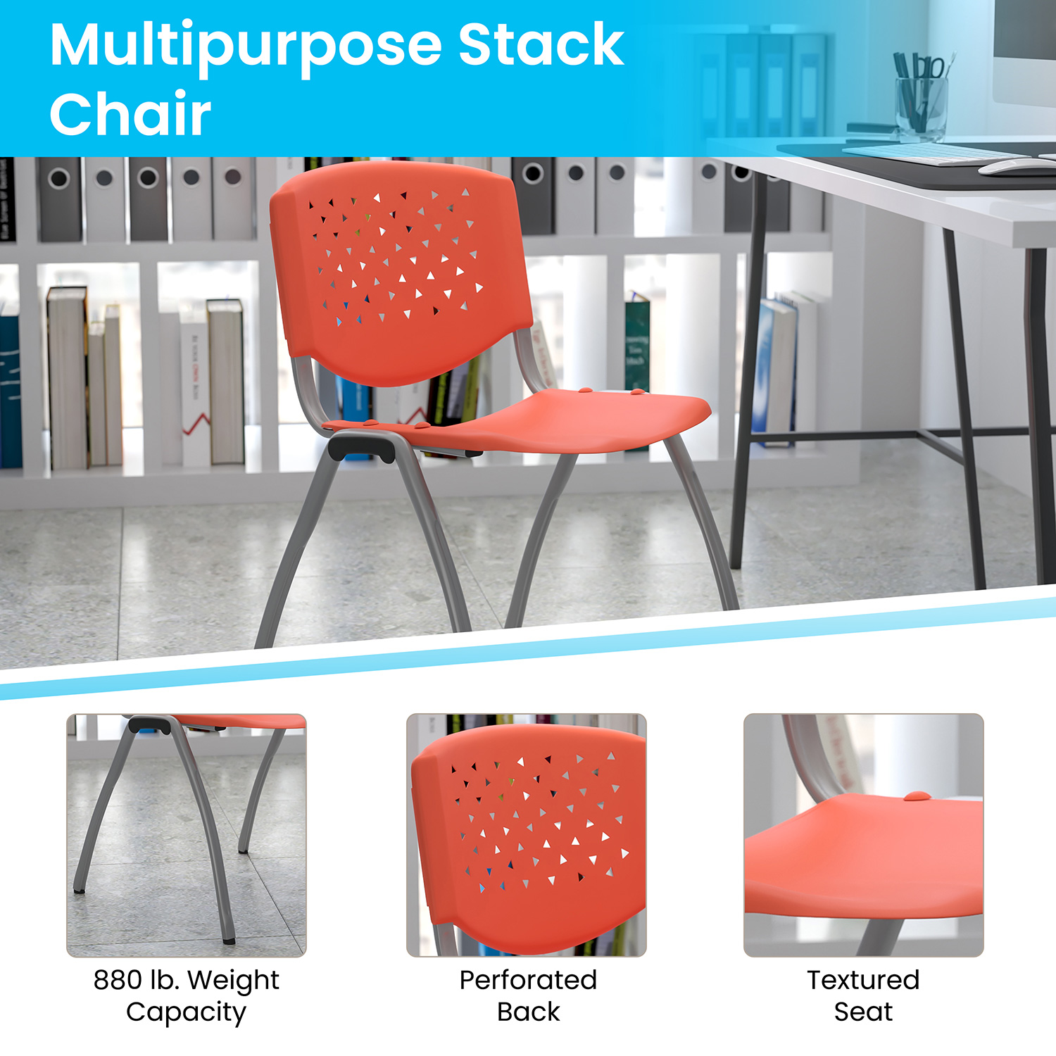 BLNK HERCULES Series Plastic Stack Chair with Titanium Gray Powder Coated Frame - Orange