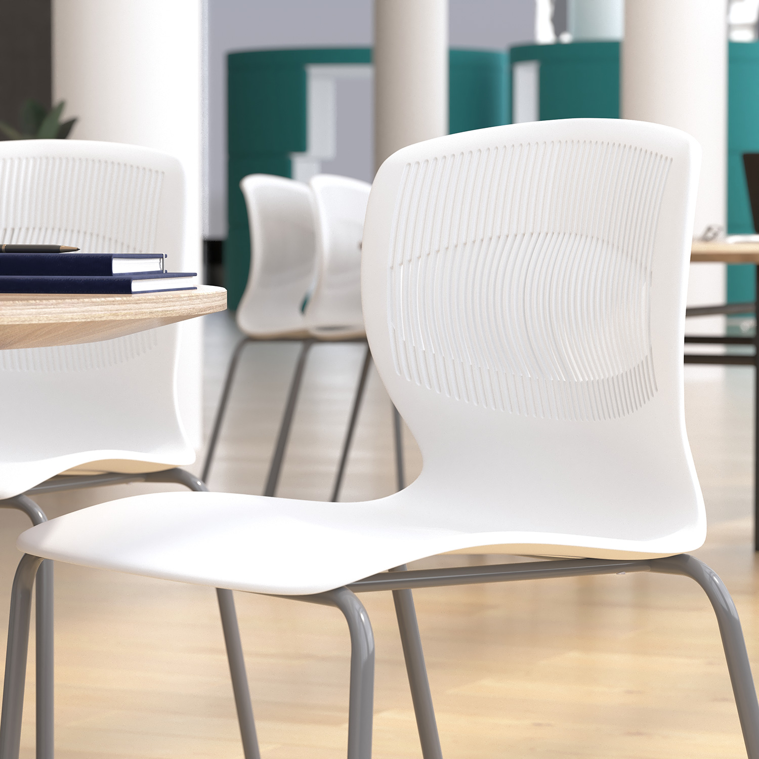 BLNK HERCULES Series Commercial Ergonomic Stack Chair with Lumbar Support and Silver Steel Frame - White