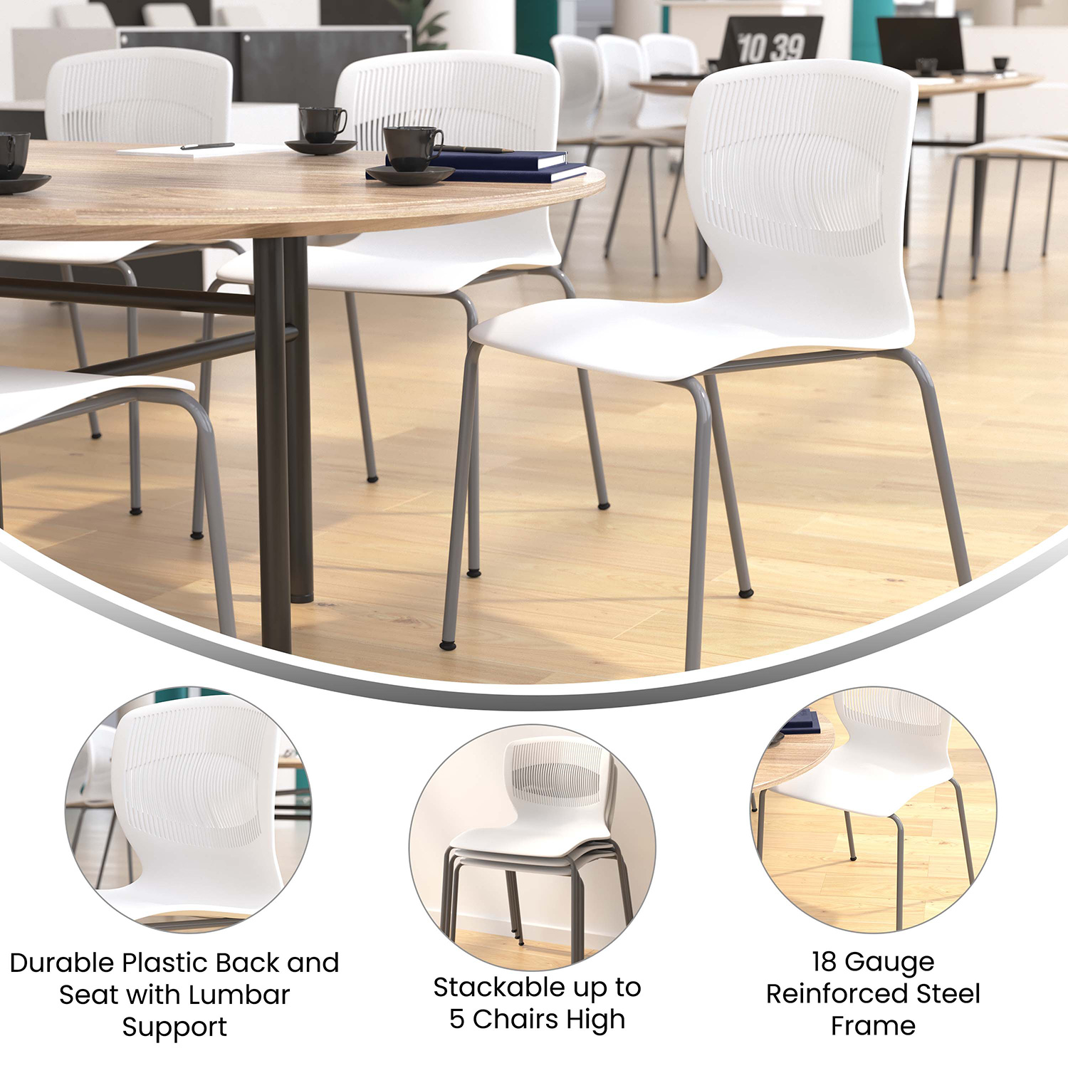 BLNK HERCULES Series Commercial Ergonomic Stack Chair with Lumbar Support and Silver Steel Frame - White