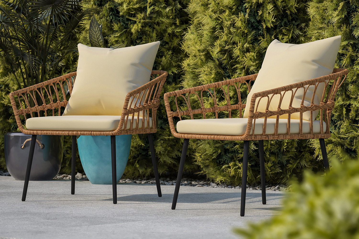 BLNK Evin Indoor-Outdoor Boho Rope Rattan Wicker Patio Chairs with All-Weather Cushions Set of 2 - Cream