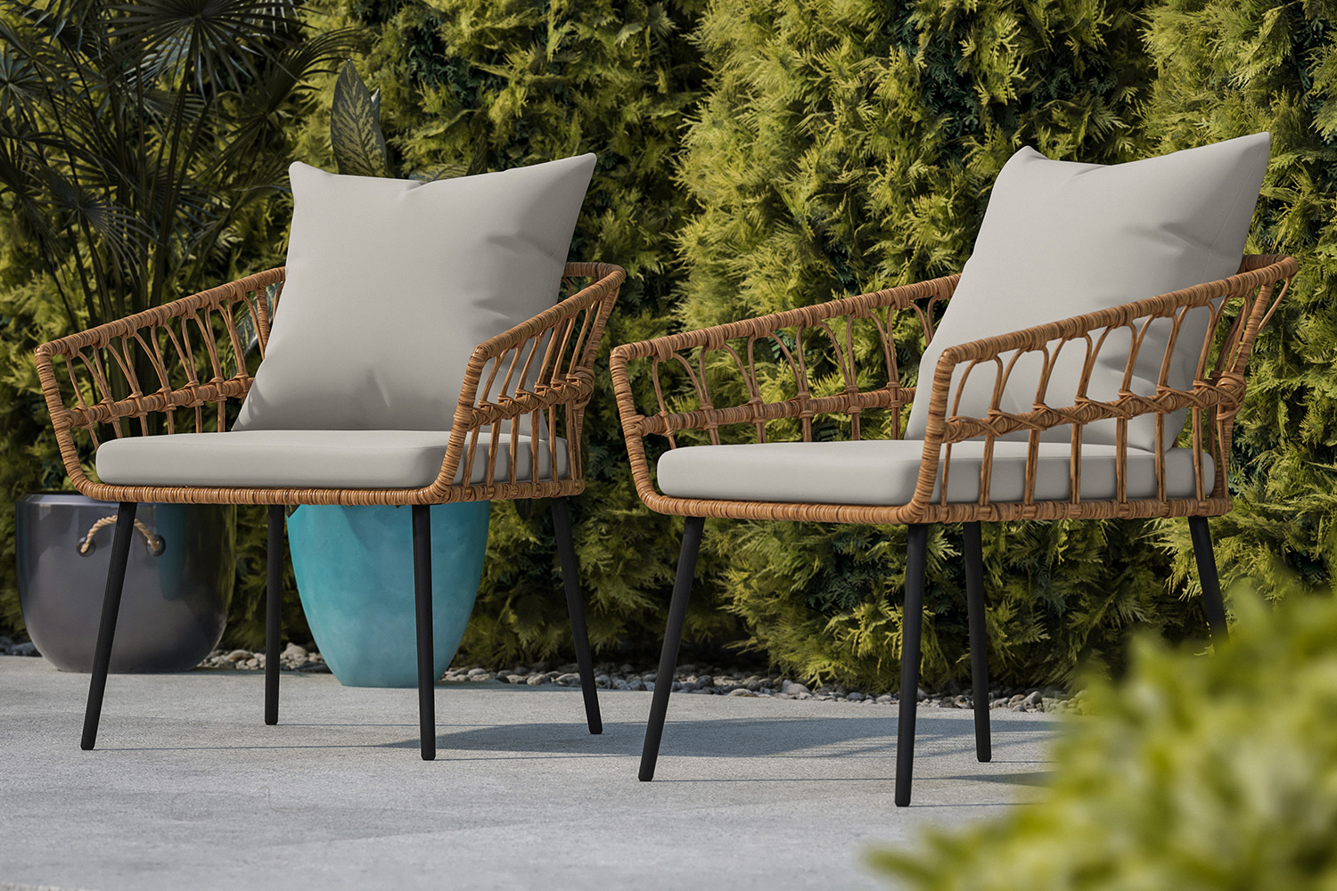 BLNK Evin Indoor-Outdoor Boho Rope Rattan Wicker Patio Chairs with All-Weather Cushions Set of 2 - Gray