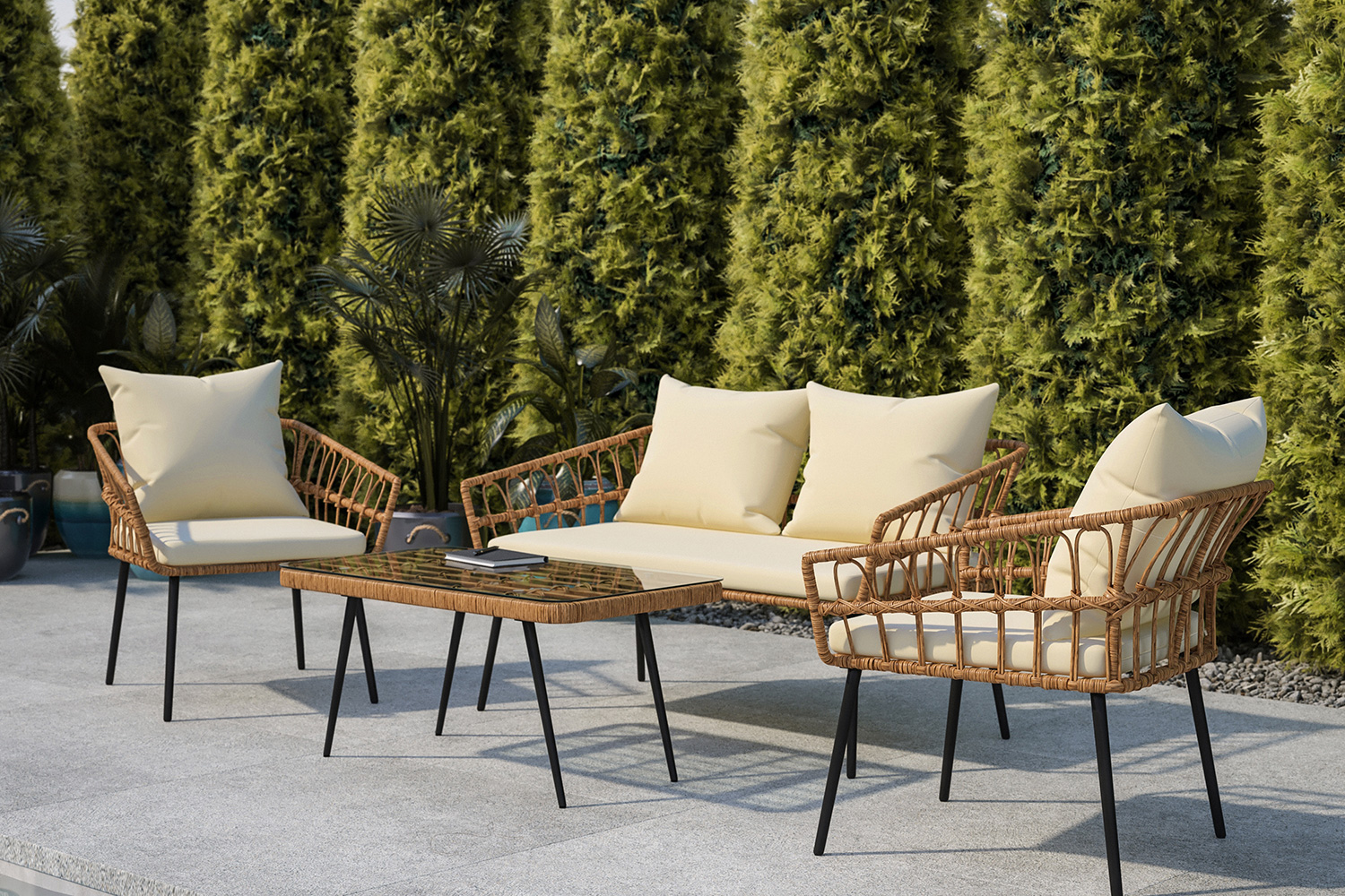 BLNK Evin Boho Indoor/Outdoor Rope Rattan Patio Conversation Set with Tempered Glass Top Coffee Table and Cushions 4 Piece - Cream