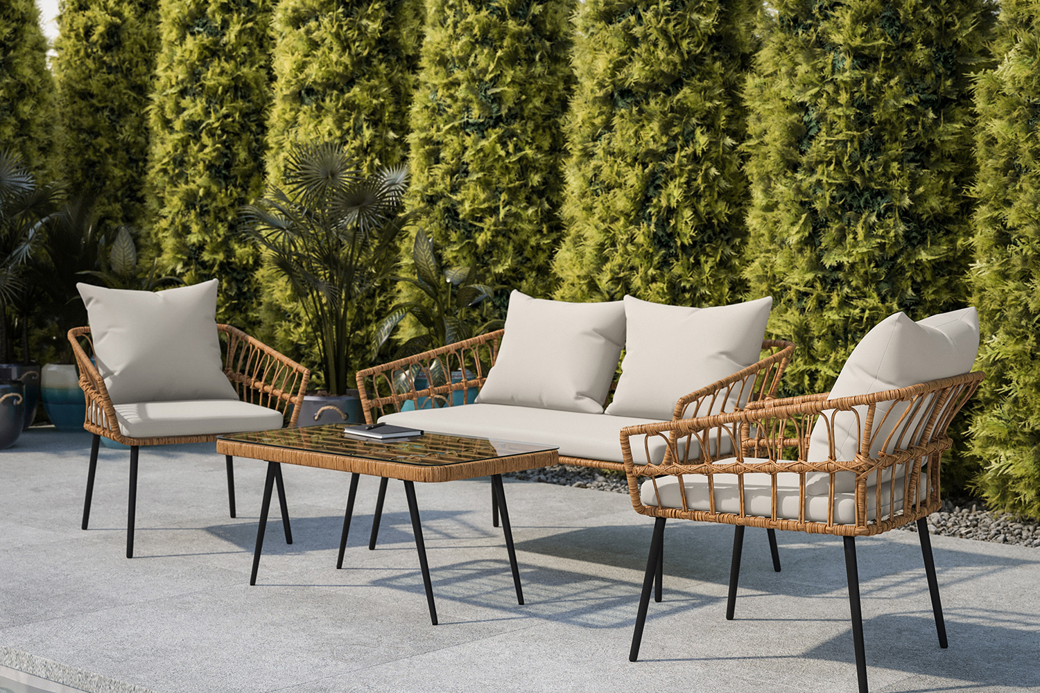 BLNK Evin Boho Indoor/Outdoor Rope Rattan Patio Conversation Set with Tempered Glass Top Coffee Table and Cushions 4 Piece - Gray