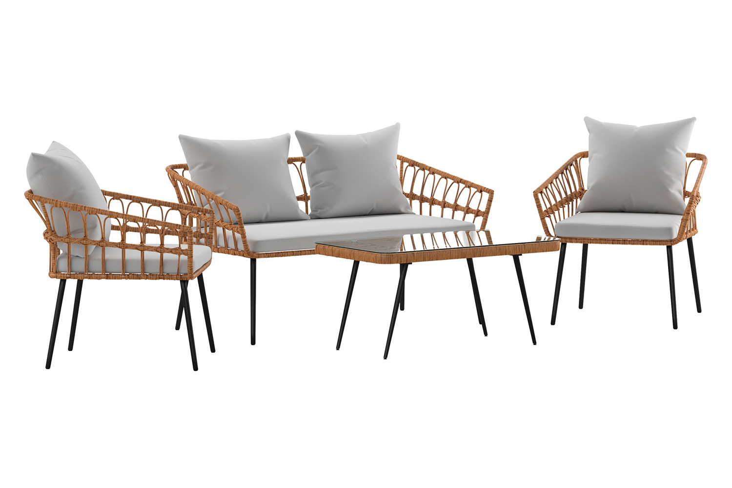 BLNK Evin Boho Indoor/Outdoor Rope Rattan Patio Conversation Set with Tempered Glass Top Coffee Table and Cushions 4 Piece - Gray