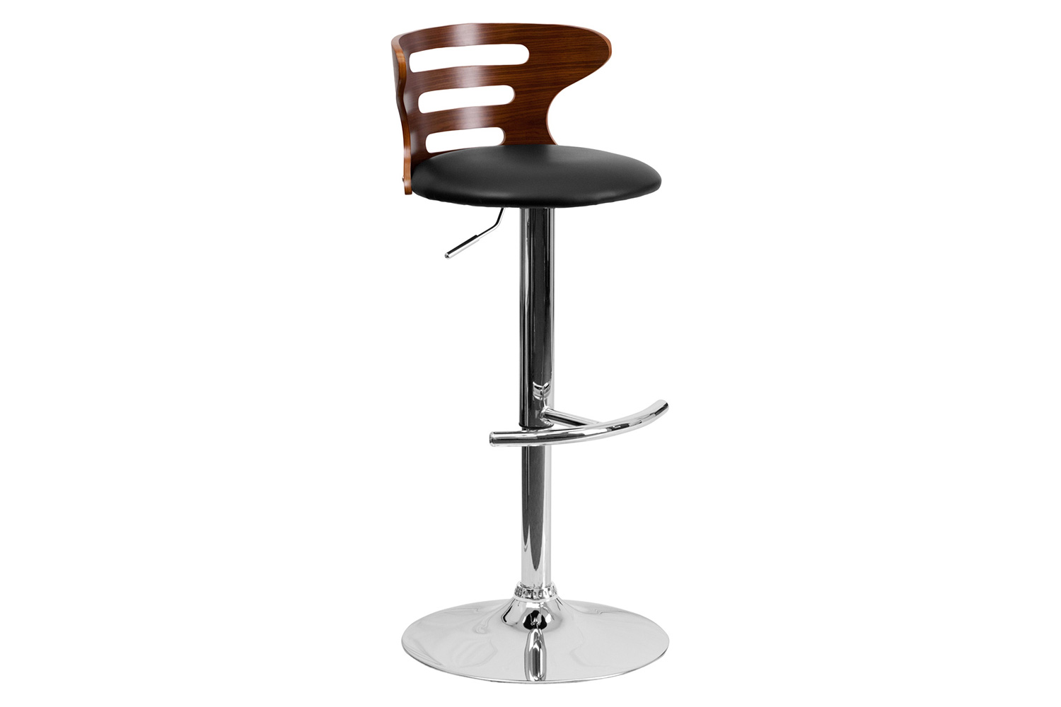 BLNK - Gallahan Walnut Bentwood Adjustable Height Bar Stool with Three Slot Cutout Back and Black Vinyl Seat