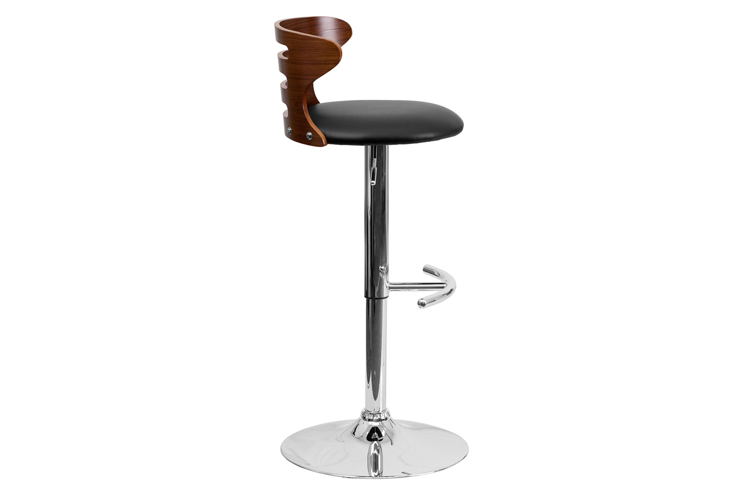 BLNK - Gallahan Walnut Bentwood Adjustable Height Bar Stool with Three Slot Cutout Back and Black Vinyl Seat