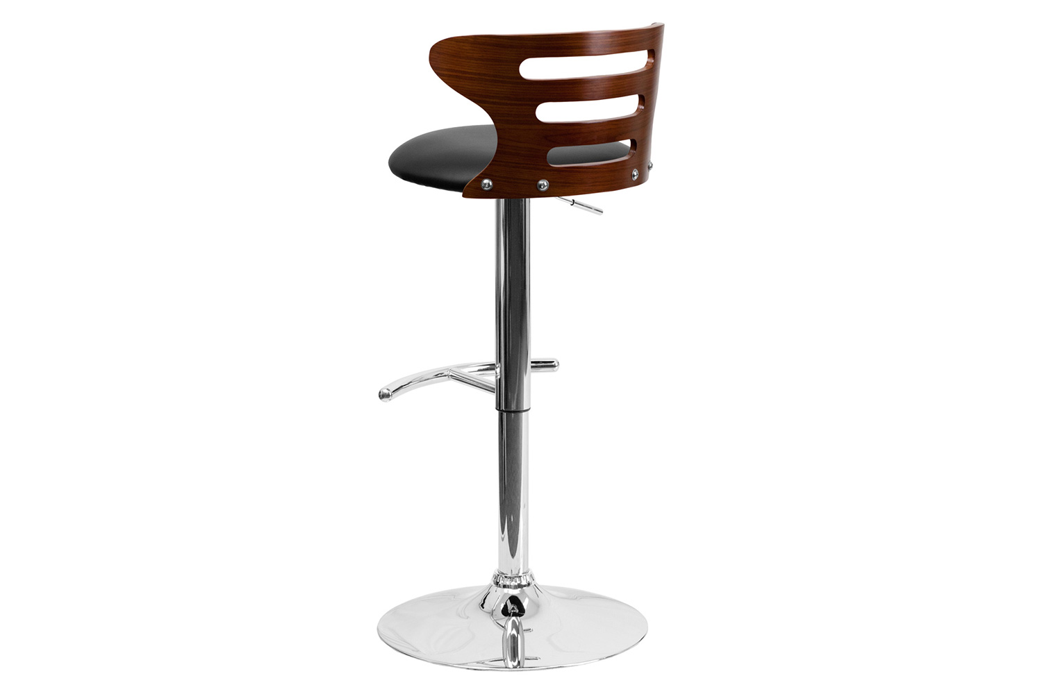 BLNK - Gallahan Walnut Bentwood Adjustable Height Bar Stool with Three Slot Cutout Back and Black Vinyl Seat