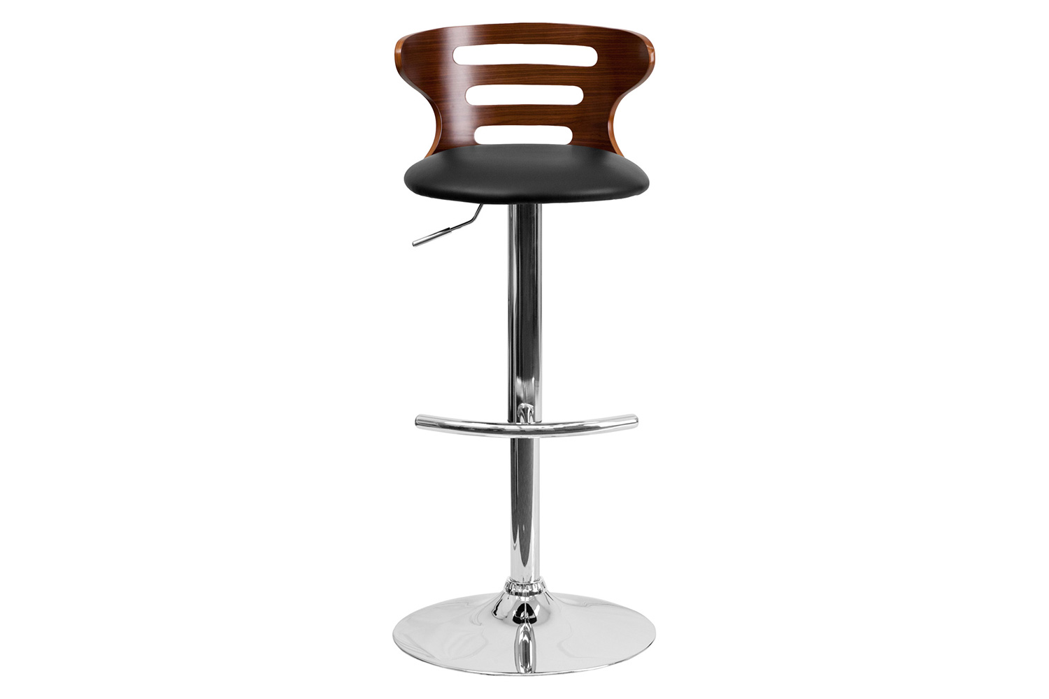 BLNK - Gallahan Walnut Bentwood Adjustable Height Bar Stool with Three Slot Cutout Back and Black Vinyl Seat