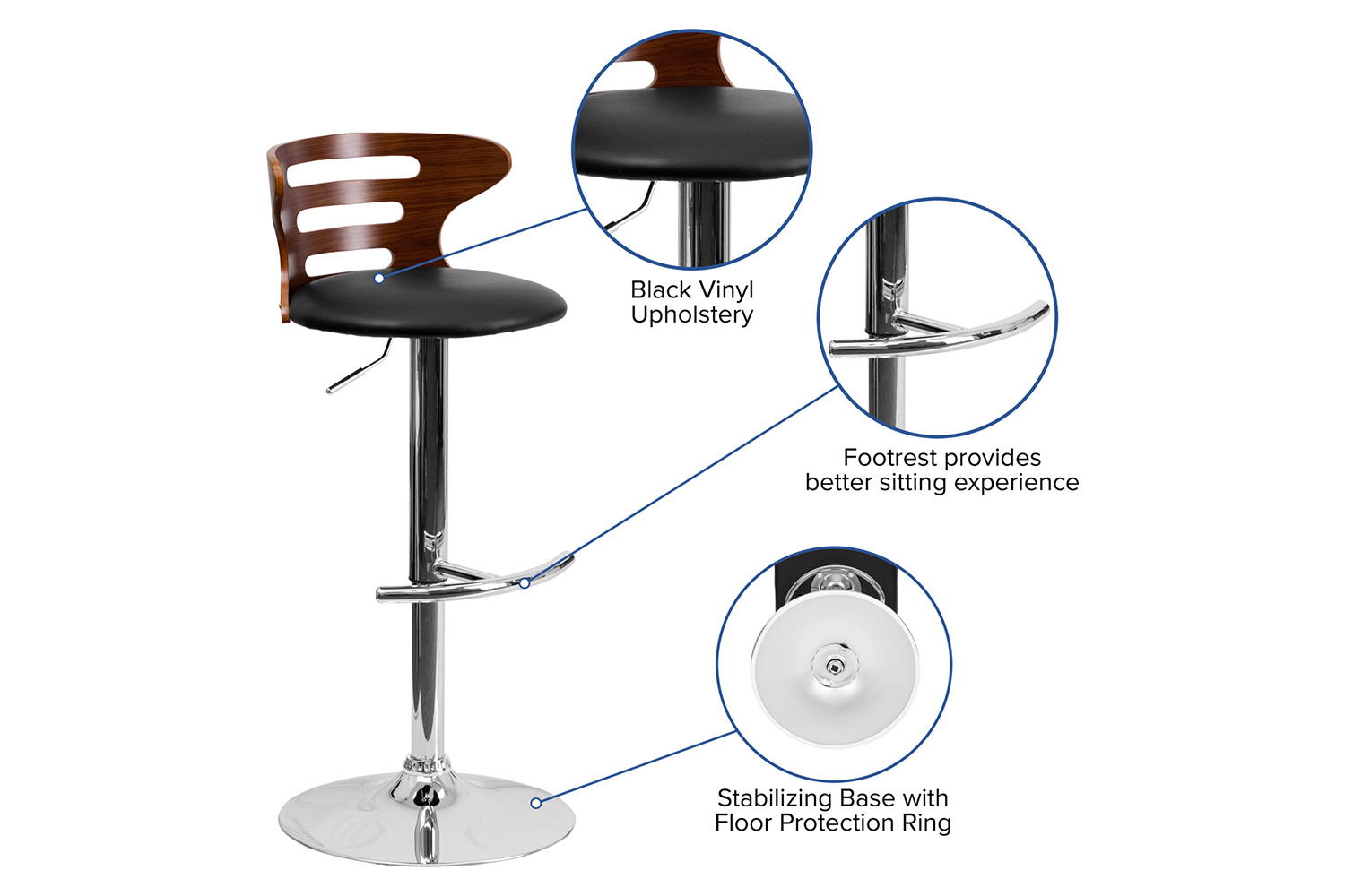 BLNK - Gallahan Walnut Bentwood Adjustable Height Bar Stool with Three Slot Cutout Back and Black Vinyl Seat