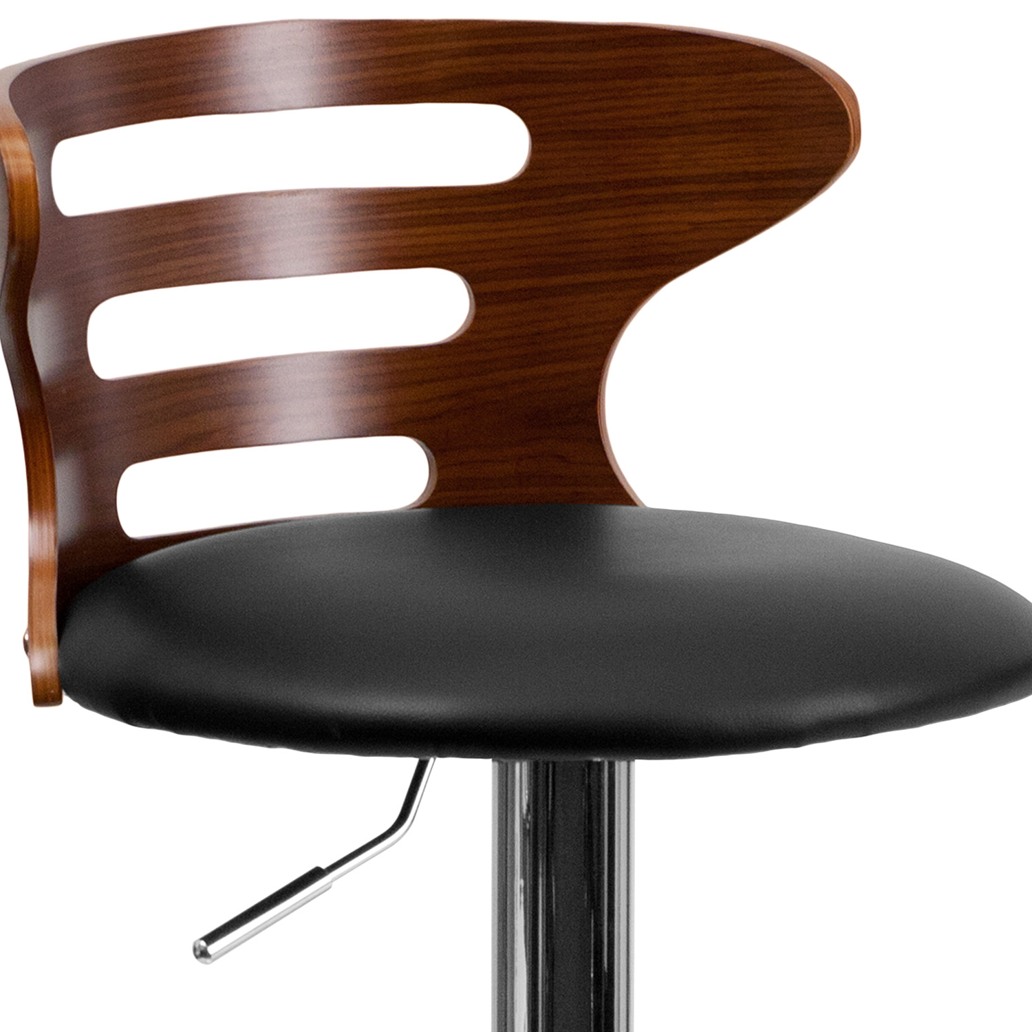 BLNK - Gallahan Walnut Bentwood Adjustable Height Bar Stool with Three Slot Cutout Back and Black Vinyl Seat