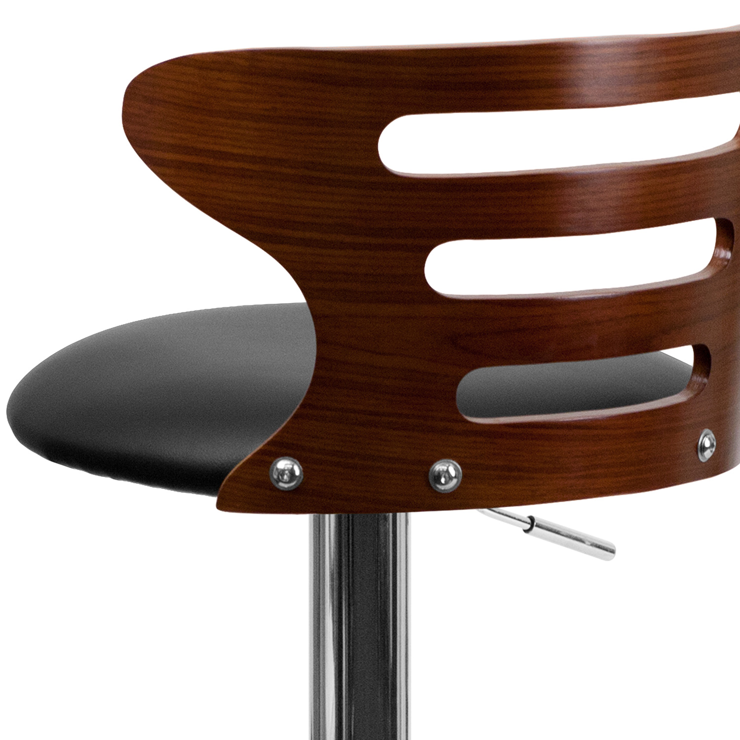 BLNK - Gallahan Walnut Bentwood Adjustable Height Bar Stool with Three Slot Cutout Back and Black Vinyl Seat