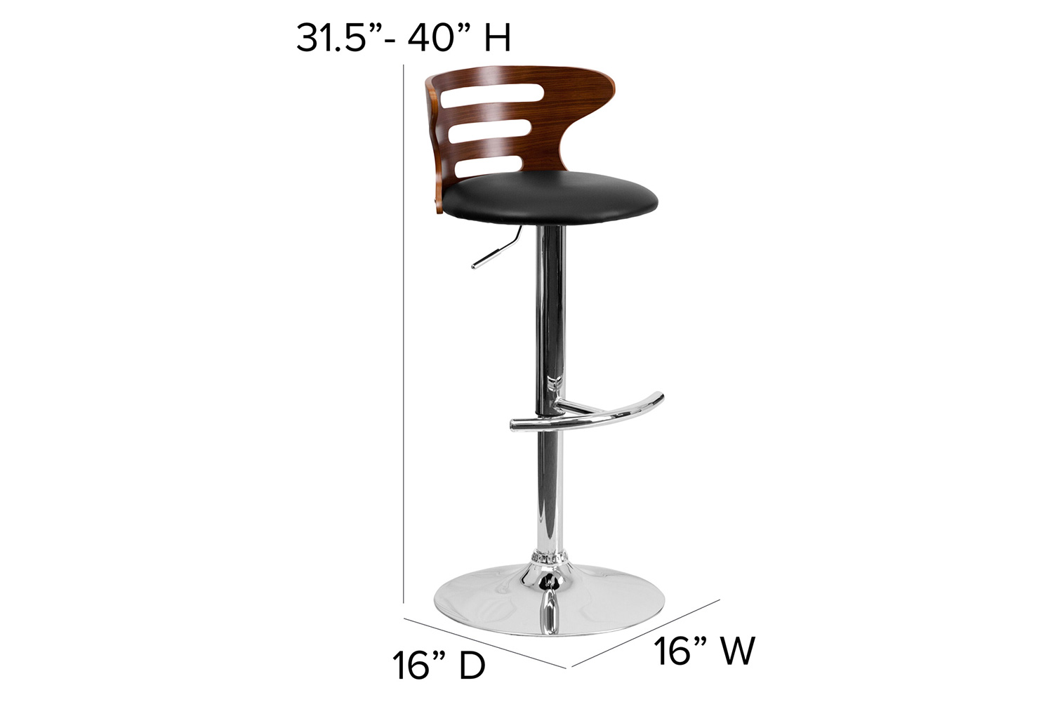 BLNK - Gallahan Walnut Bentwood Adjustable Height Bar Stool with Three Slot Cutout Back and Black Vinyl Seat