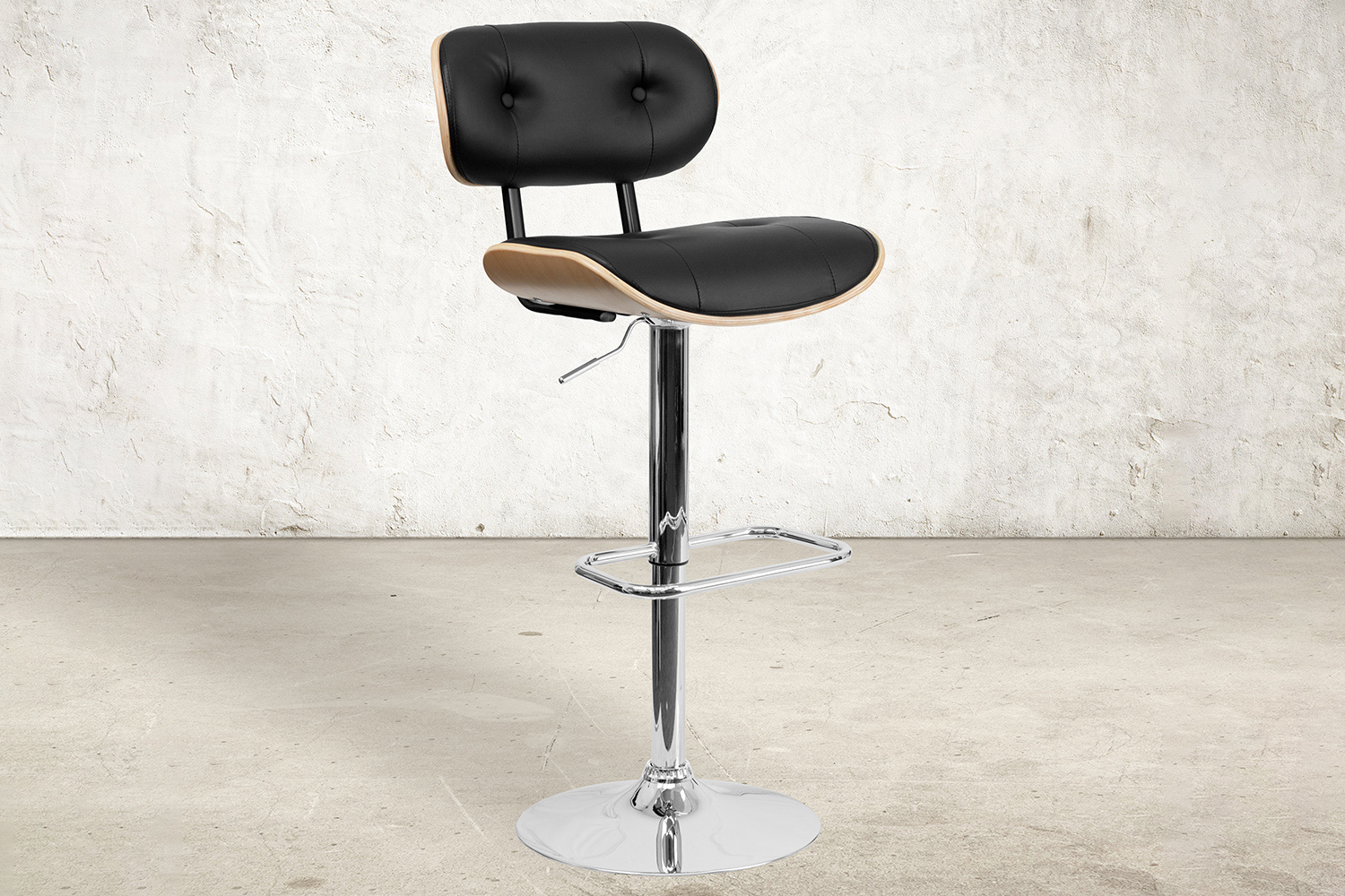 BLNK Magnus Bentwood Adjustable Height Bar Stool with Button Tufted Black Vinyl Seat