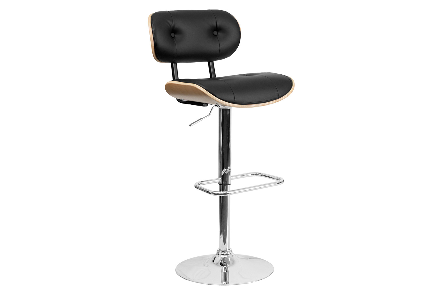 BLNK Magnus Bentwood Adjustable Height Bar Stool with Button Tufted Black Vinyl Seat - Beech