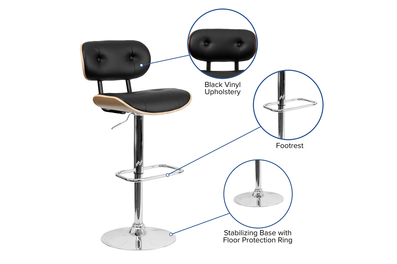 BLNK Magnus Bentwood Adjustable Height Bar Stool with Button Tufted Black Vinyl Seat - Beech