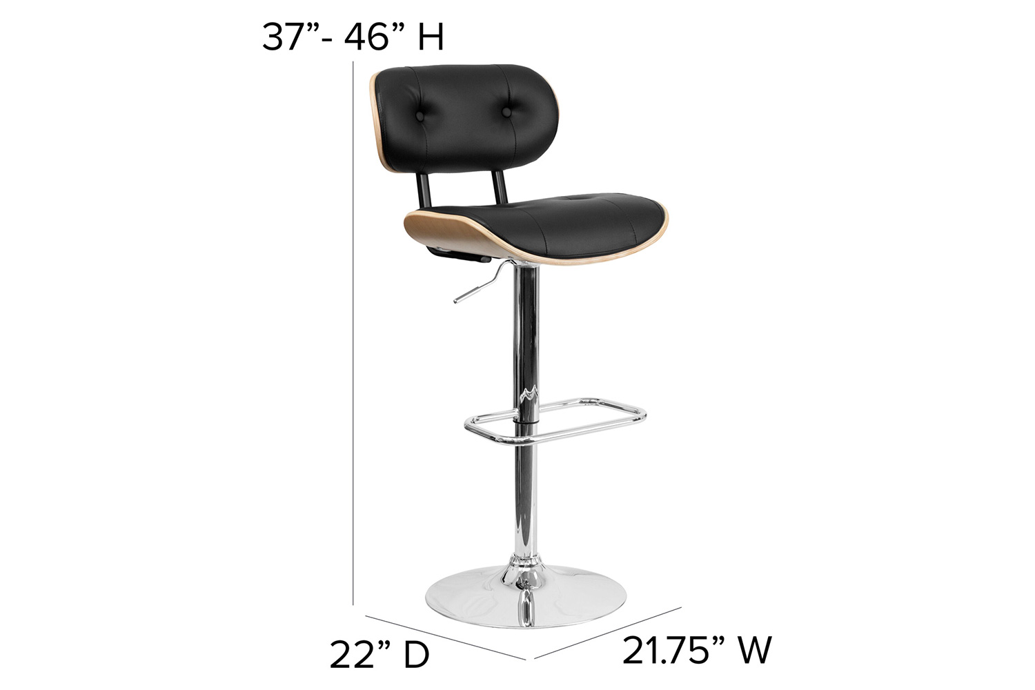 BLNK Magnus Bentwood Adjustable Height Bar Stool with Button Tufted Black Vinyl Seat - Beech