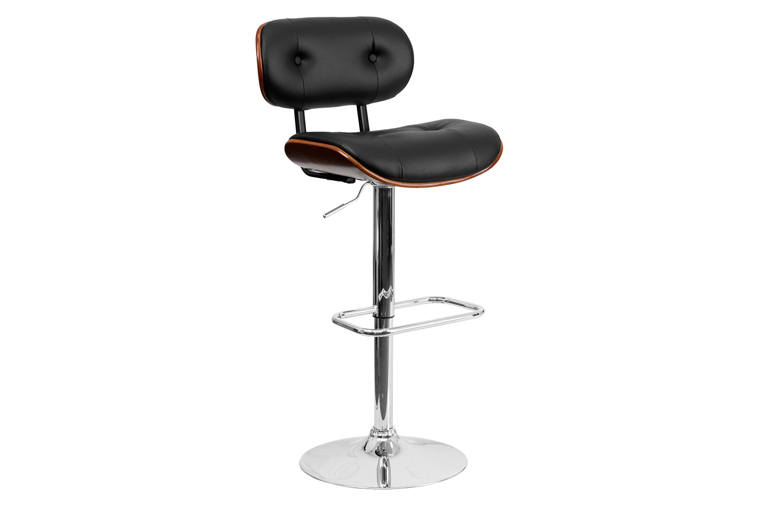 BLNK Magnus Bentwood Adjustable Height Bar Stool with Button Tufted Black Vinyl Seat