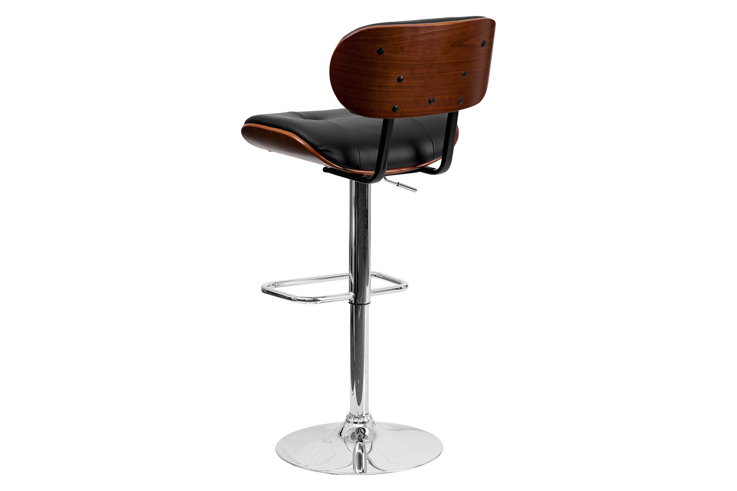 BLNK Magnus Bentwood Adjustable Height Bar Stool with Button Tufted Black Vinyl Seat - Walnut