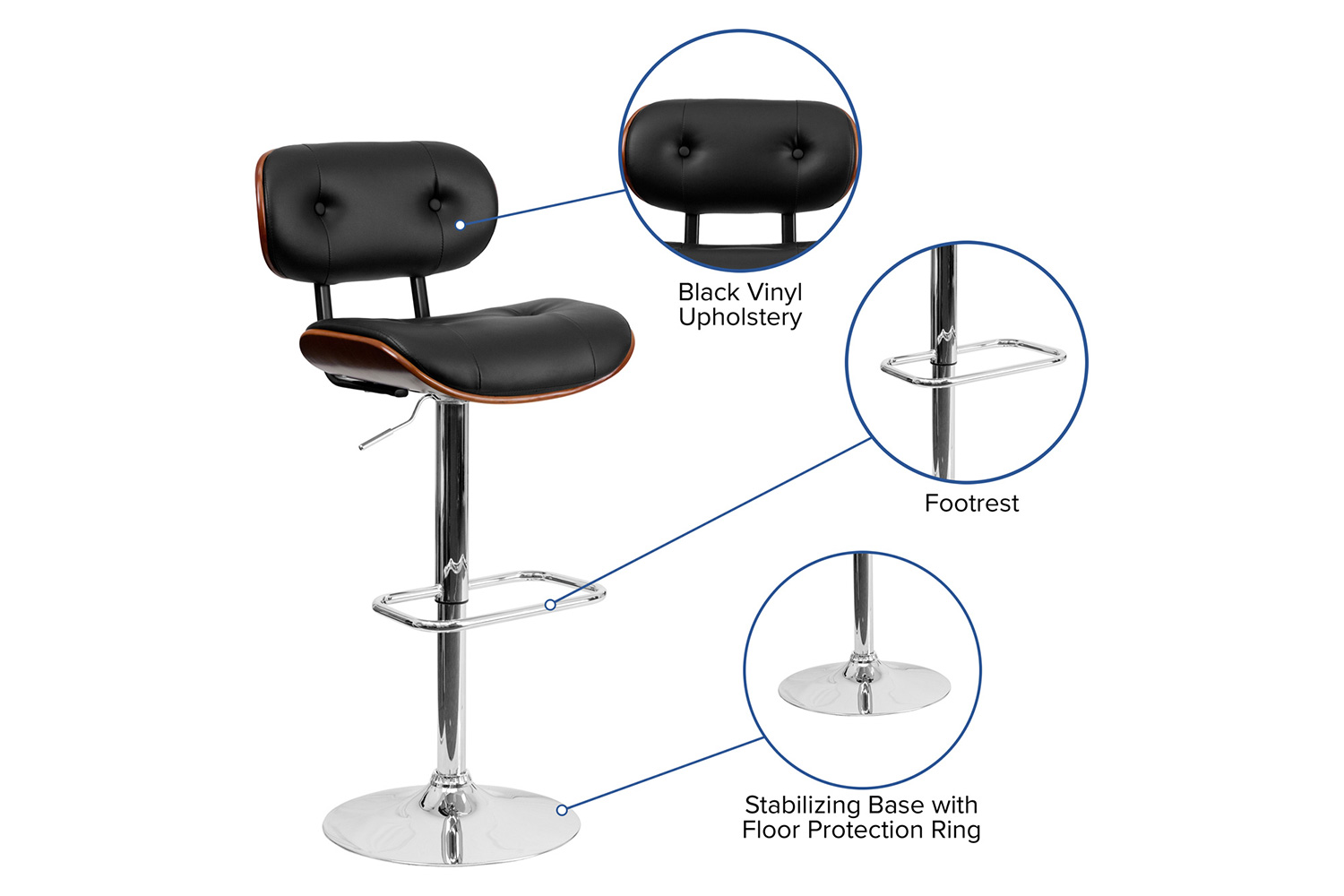 BLNK Magnus Bentwood Adjustable Height Bar Stool with Button Tufted Black Vinyl Seat - Walnut