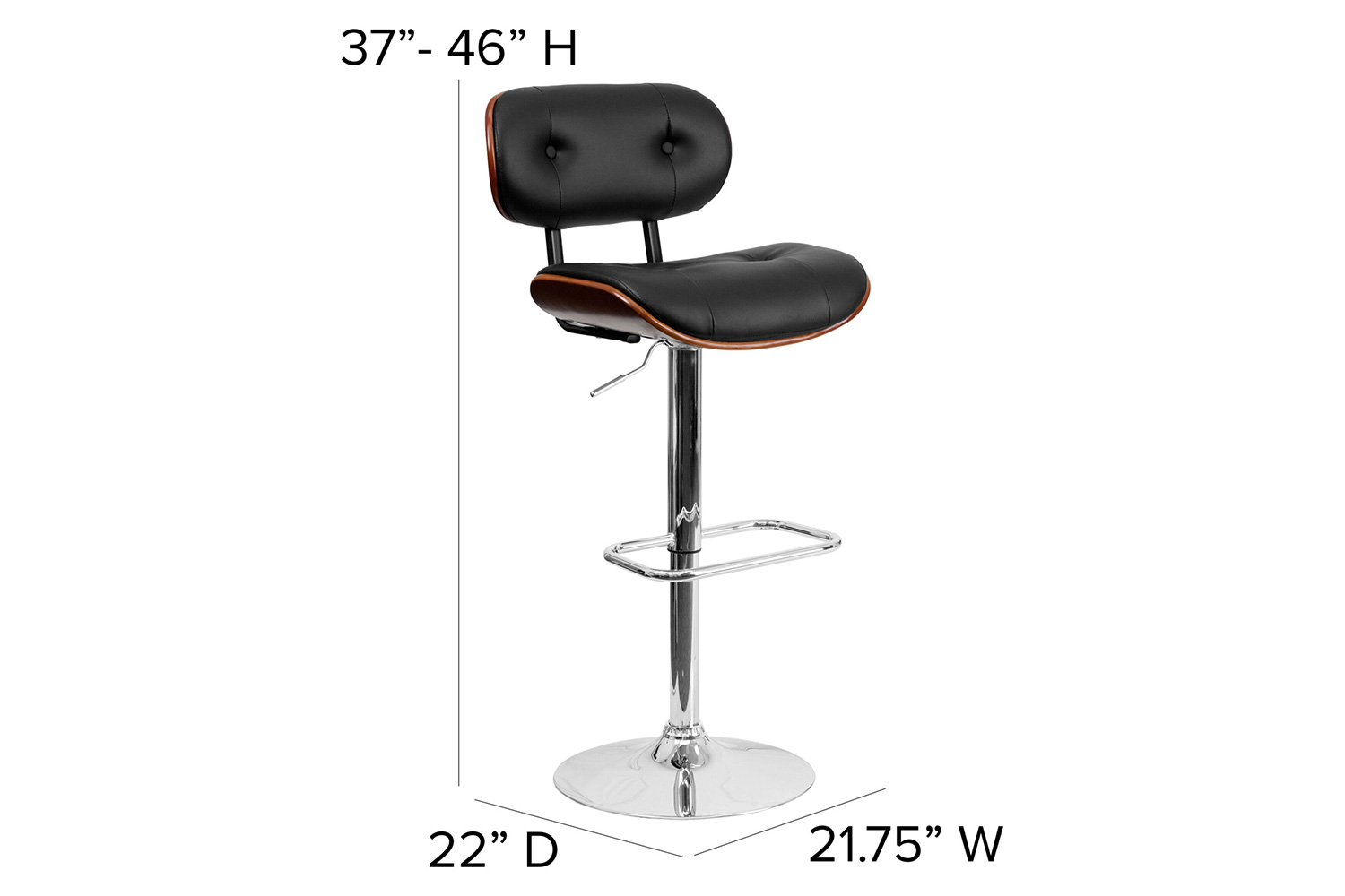 BLNK Magnus Bentwood Adjustable Height Bar Stool with Button Tufted Black Vinyl Seat - Walnut