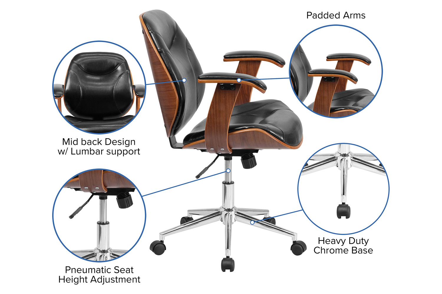 BLNK - Tansia LeatherSoft Mid-Back Executive Ergonomic Wood Swivel Office Chair with Arms