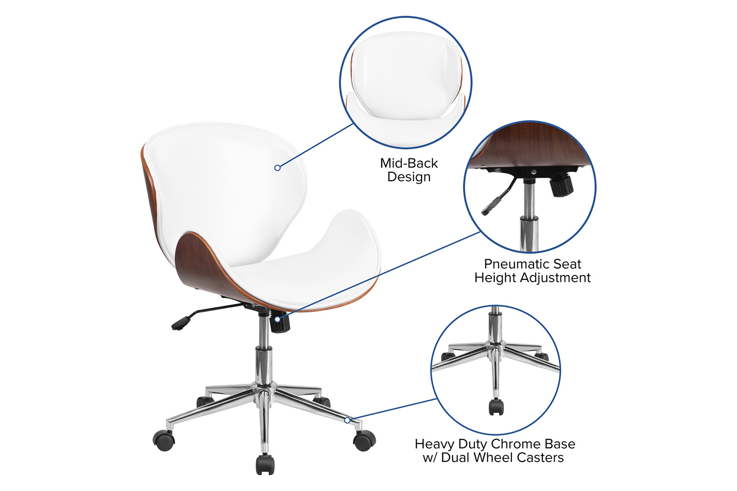 BLNK Tana LeatherSoft Mid-Back Walnut Wood Conference Office Chair - White