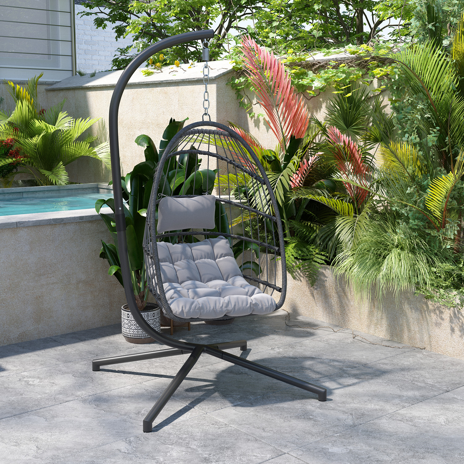 BLNK Cleo Patio Hanging Egg Chair, Wicker Hammock with Soft Seat Cushions and Swing Stand - Gray