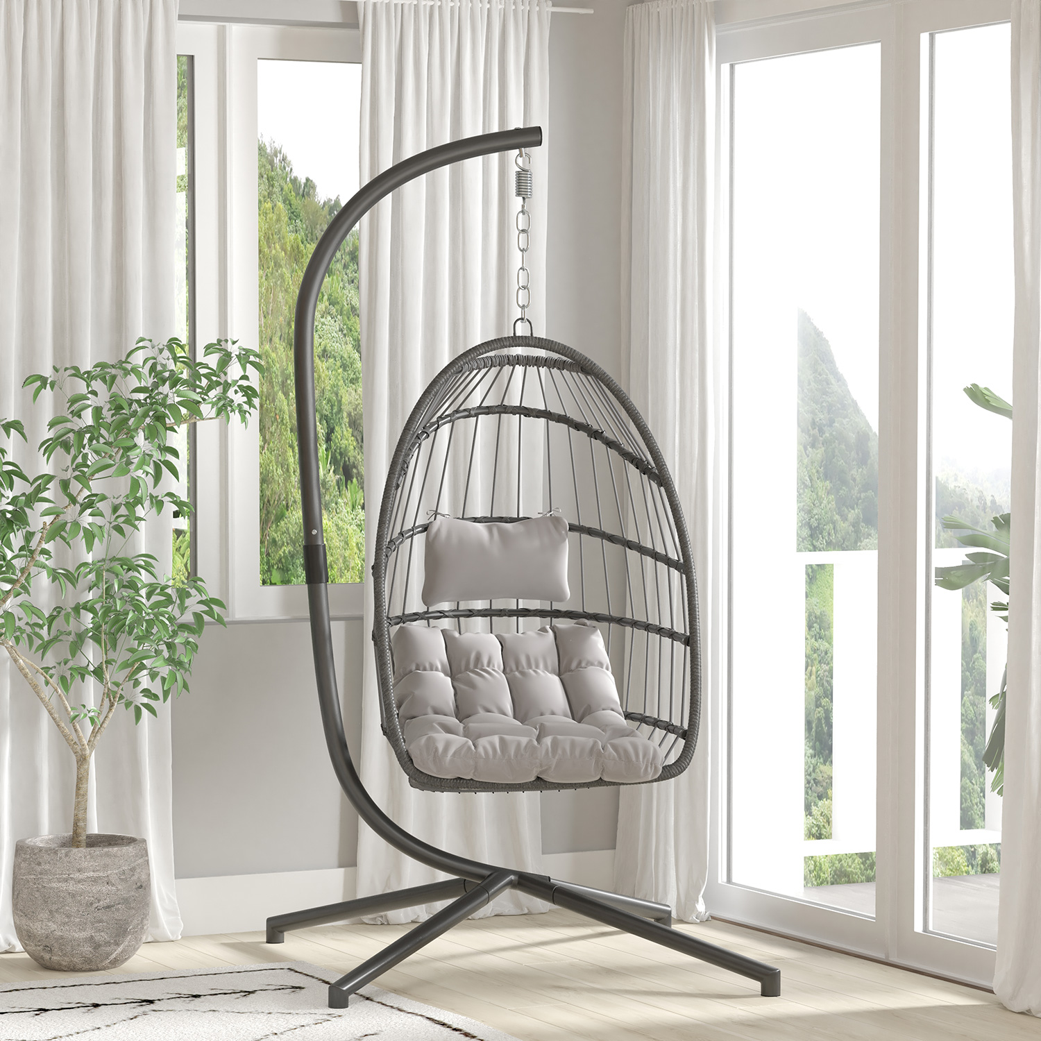 BLNK Cleo Patio Hanging Egg Chair, Wicker Hammock with Soft Seat Cushions and Swing Stand - Gray