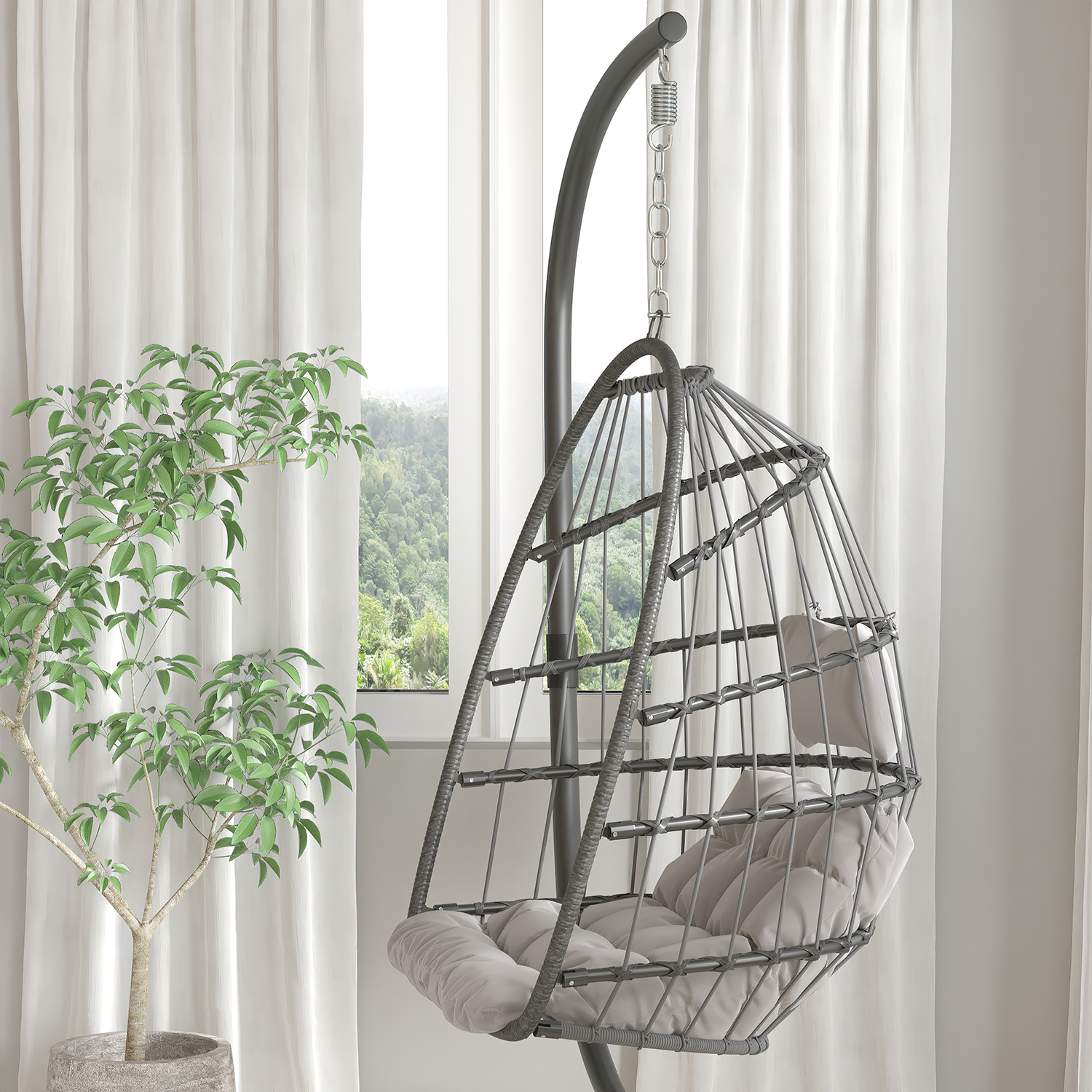 BLNK Cleo Patio Hanging Egg Chair, Wicker Hammock with Soft Seat Cushions and Swing Stand - Gray