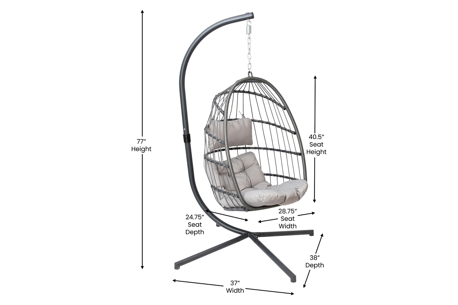 BLNK Cleo Patio Hanging Egg Chair, Wicker Hammock with Soft Seat Cushions and Swing Stand - Gray