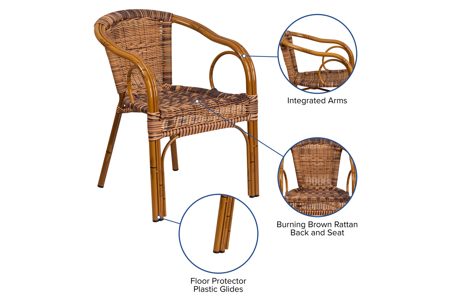 BLNK Cadiz Series Rattan Restaurant Patio Chair with Bamboo-Aluminum Frame - Burning Brown/Dark Red